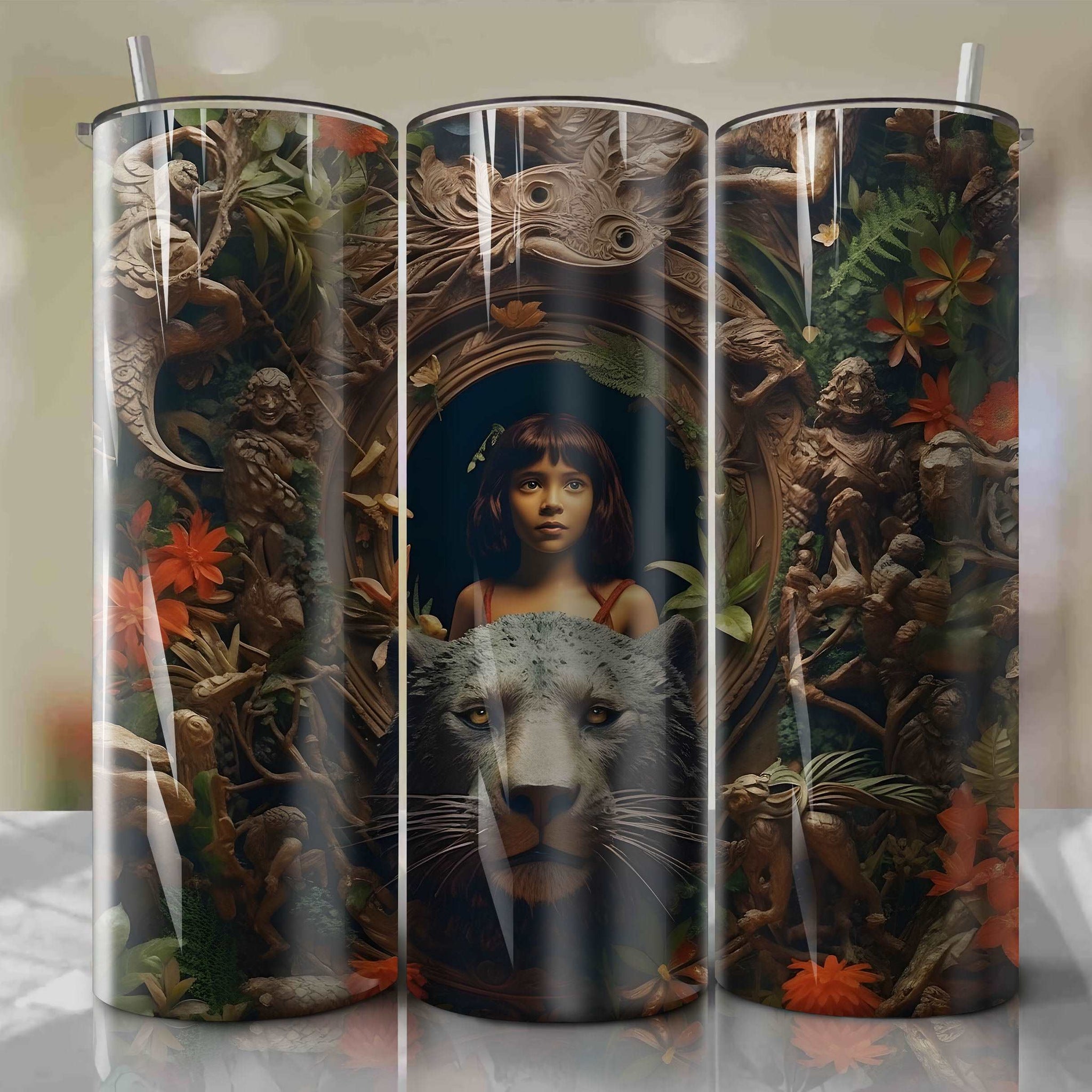 Mowgli 3D Floral Skinny Tumbler 20oz Wrap PNG - Sublimation - Digital Download