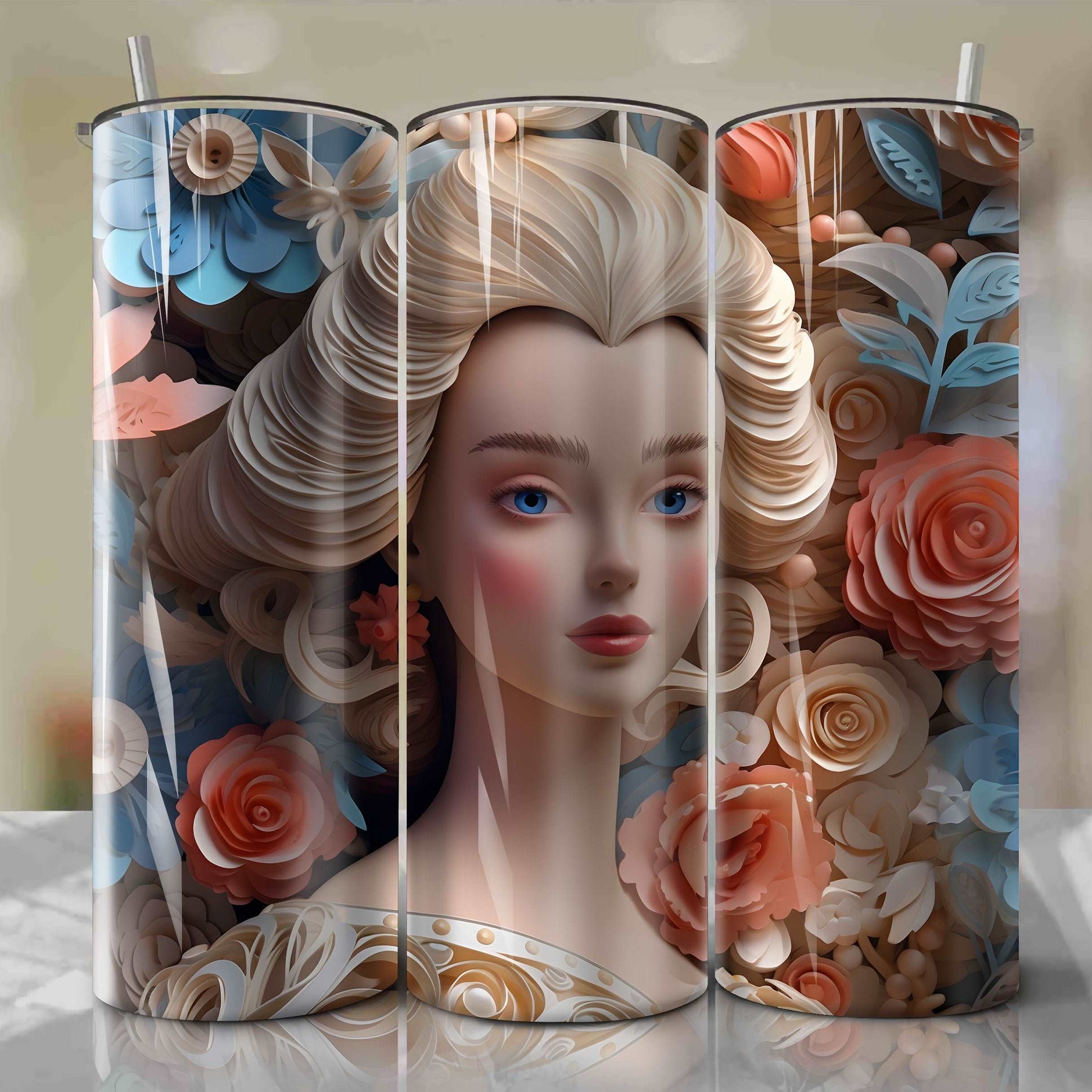 Cinderella 3D Floral Skinny Tumbler 20oz Wrap PNG - Sublimation - Digital Download