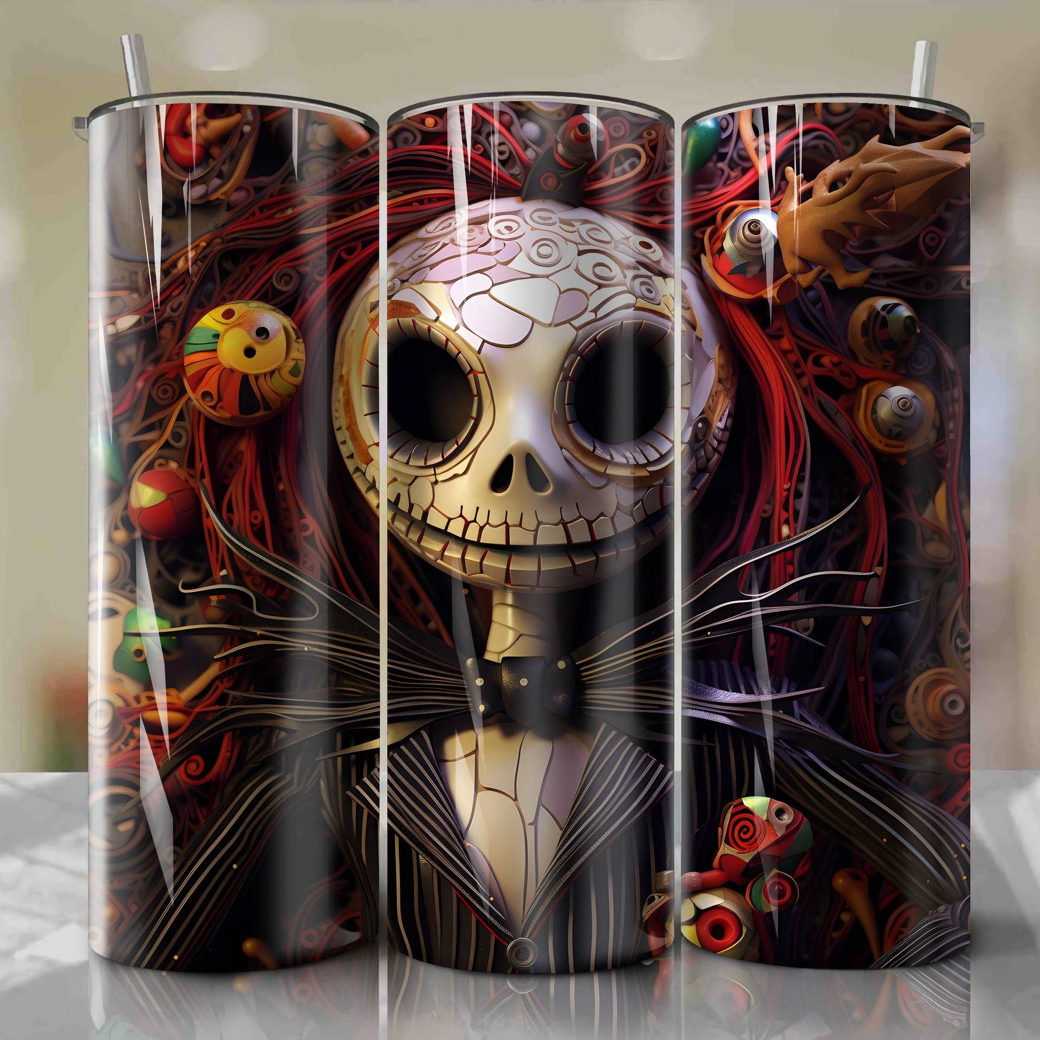 Jack Skellington 3D Floral Skinny Tumbler 20oz Wrap PNG - Sublimation - Digital Download