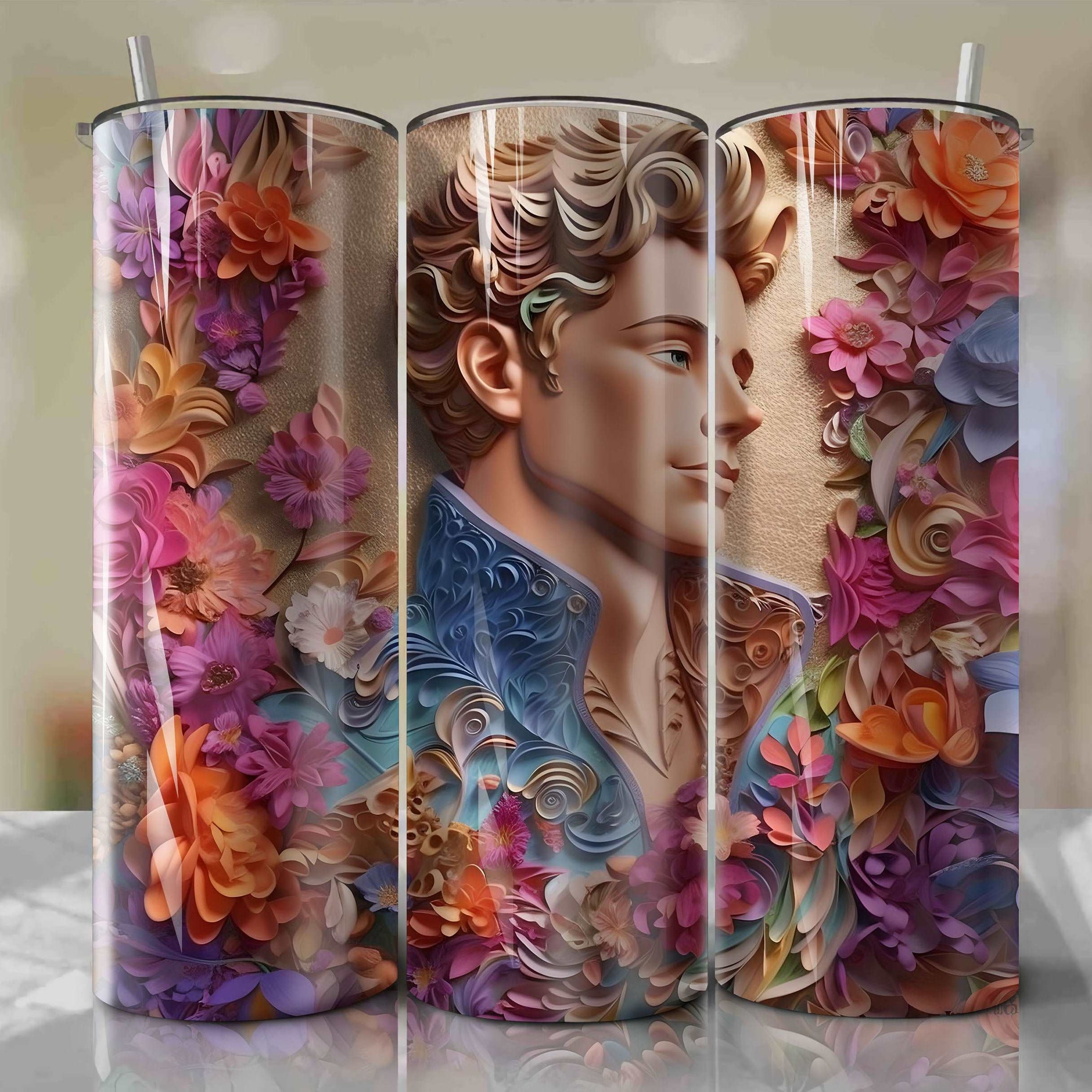 Prince Charming 3D Floral Skinny Tumbler 20oz Wrap PNG - Sublimation - Digital Download