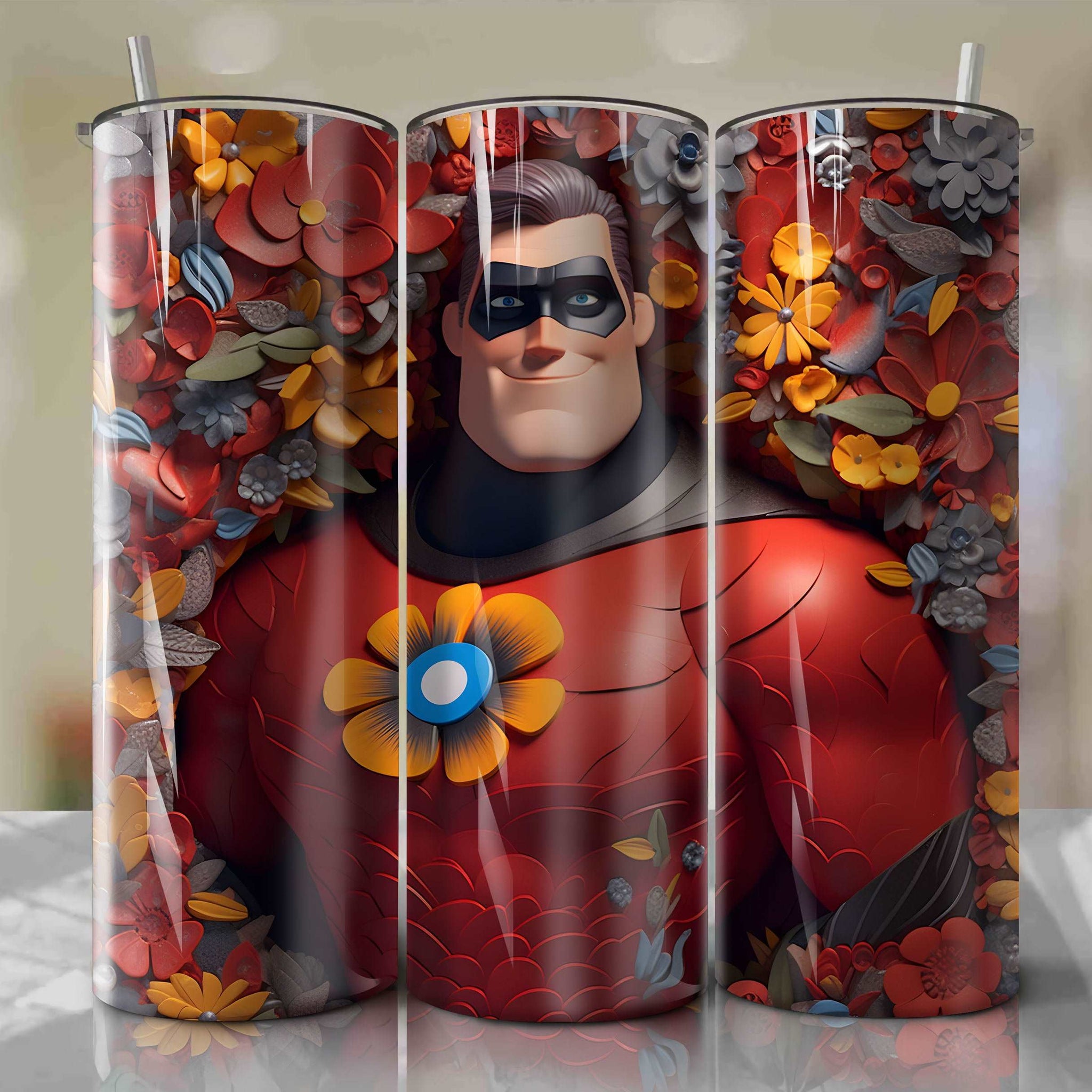 Mr. Incredible 3D Floral Skinny Tumbler 20oz Wrap PNG - Sublimation - Digital Download