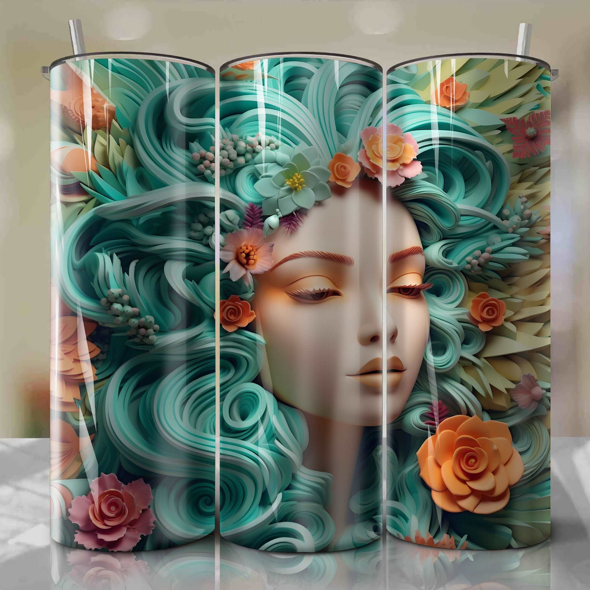 Ariel 3D Floral Skinny Tumbler 20oz Wrap PNG - Sublimation - Digital Download