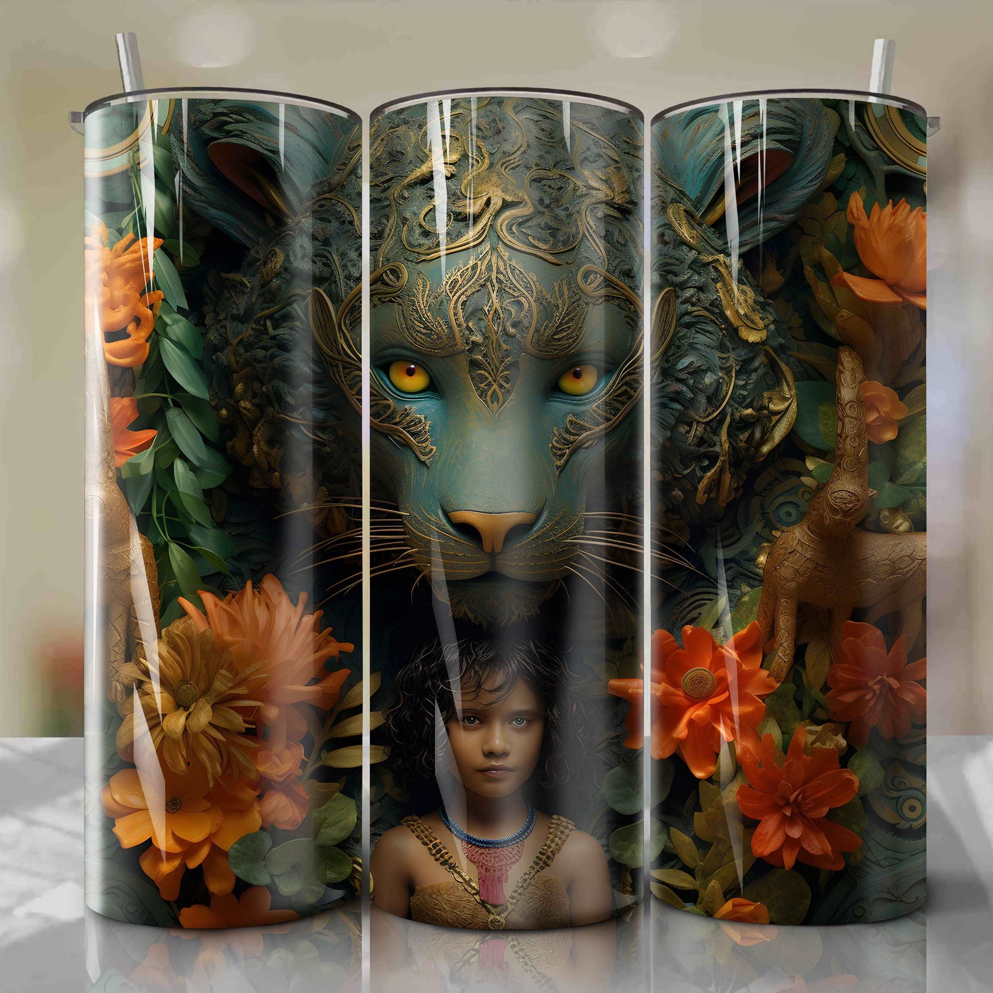 Mowgli 3D Floral Skinny Tumbler 20oz Wrap PNG - Sublimation - Digital Download