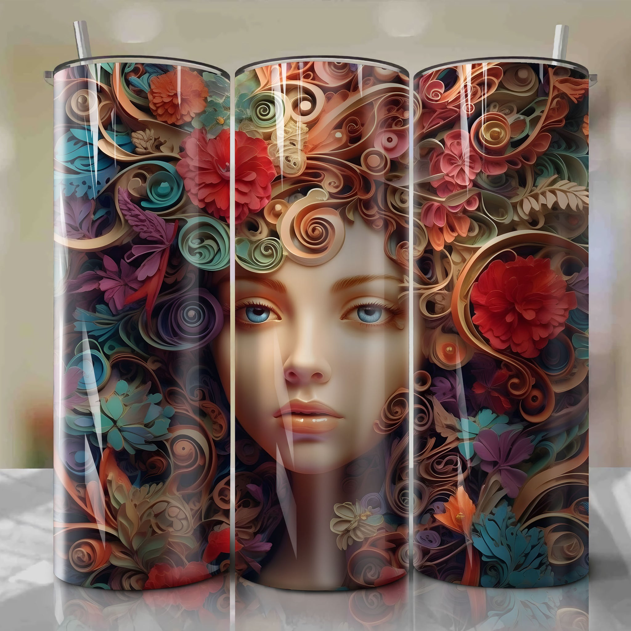 Pascal 3D Floral Skinny Tumbler 20oz Wrap PNG - Sublimation - Digital Download