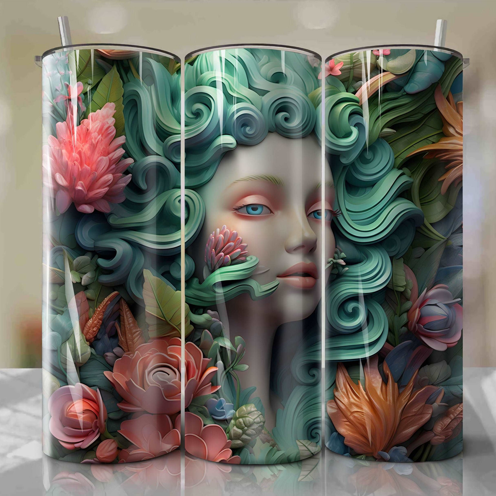 Carlotta 3D Floral Skinny Tumbler 20oz Wrap PNG - Sublimation - Digital Download