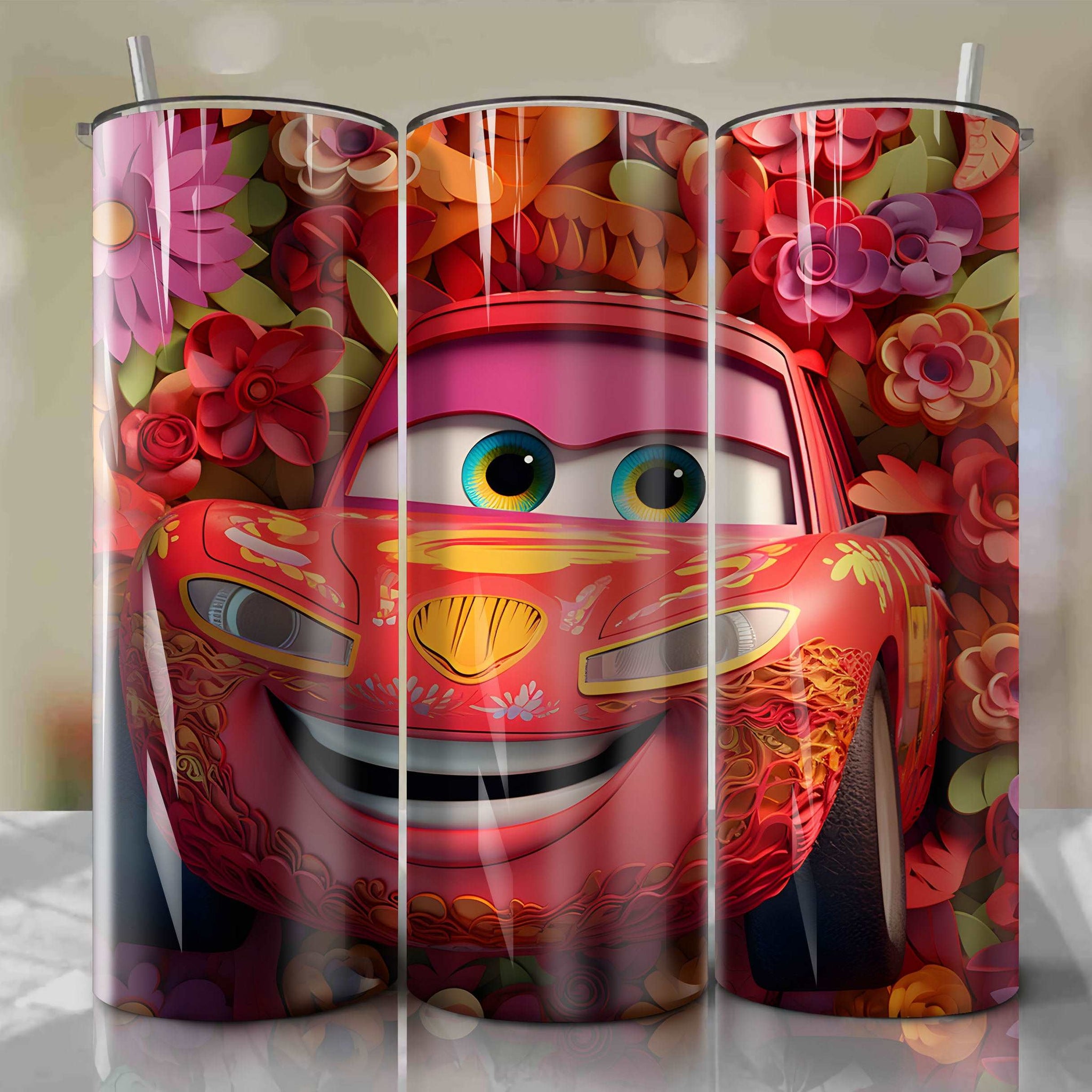 Lightning McQueen 3D Floral Skinny Tumbler 20oz Wrap PNG - Sublimation - Digital Download