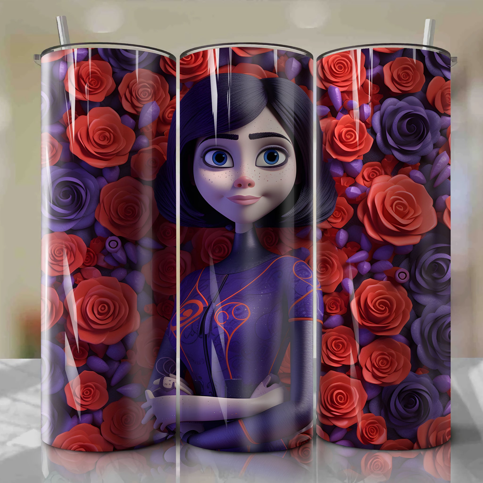 Violet Parr 3D Floral Skinny Tumbler 20oz Wrap PNG - Sublimation - Dig