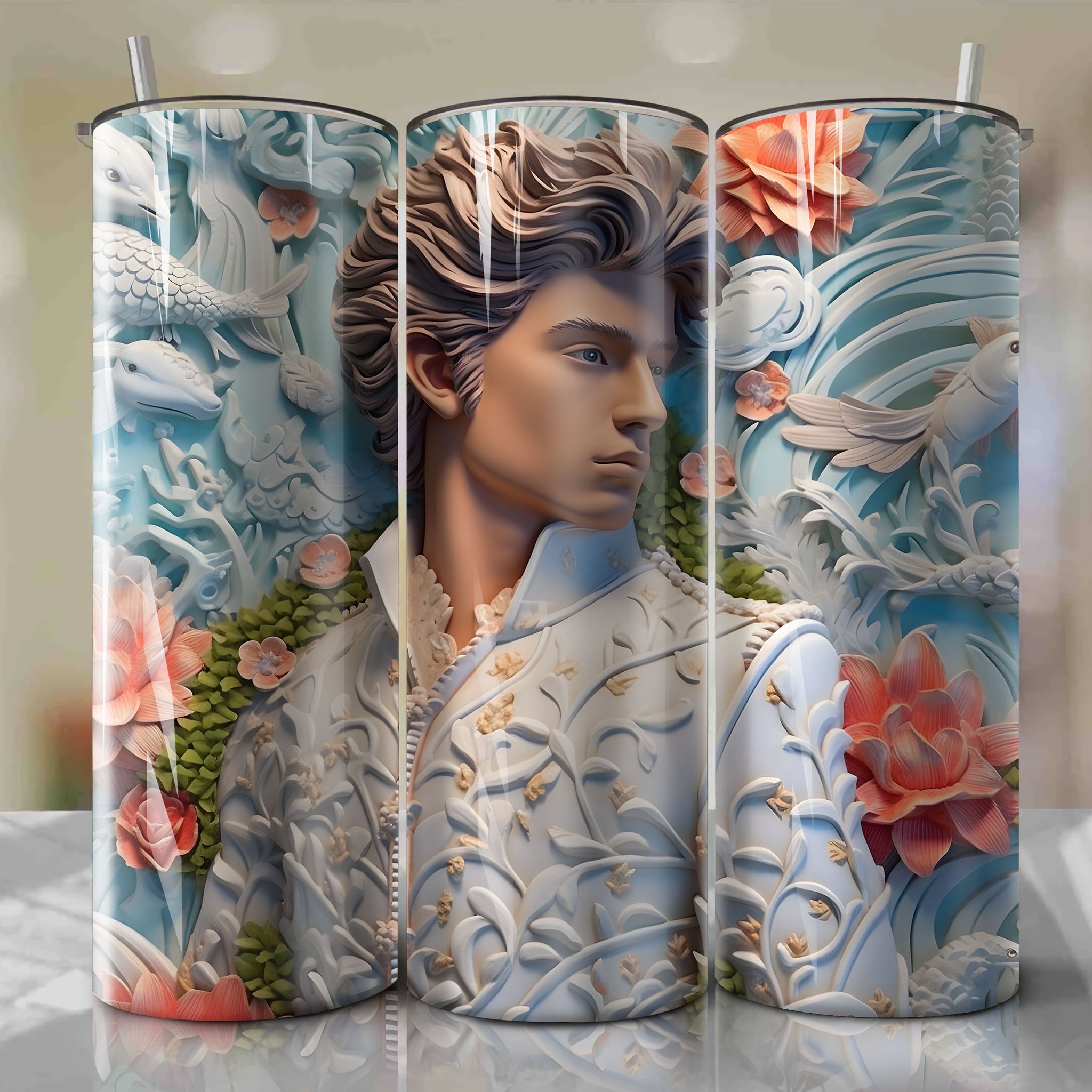 Prince Eric 3D Floral Skinny Tumbler 20oz Wrap PNG - Sublimation - Digital Download