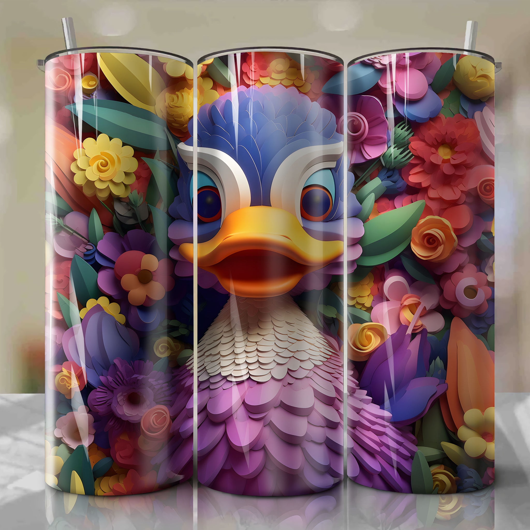 Ducky 3D Floral Skinny Tumbler 20oz Wrap PNG - Sublimation - Digital Download