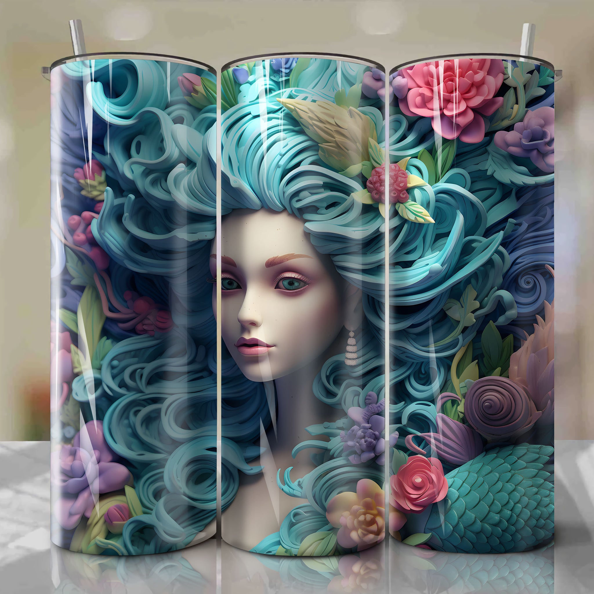 Ursula 3D Floral Skinny Tumbler 20oz Wrap PNG - Sublimation - Digital Download