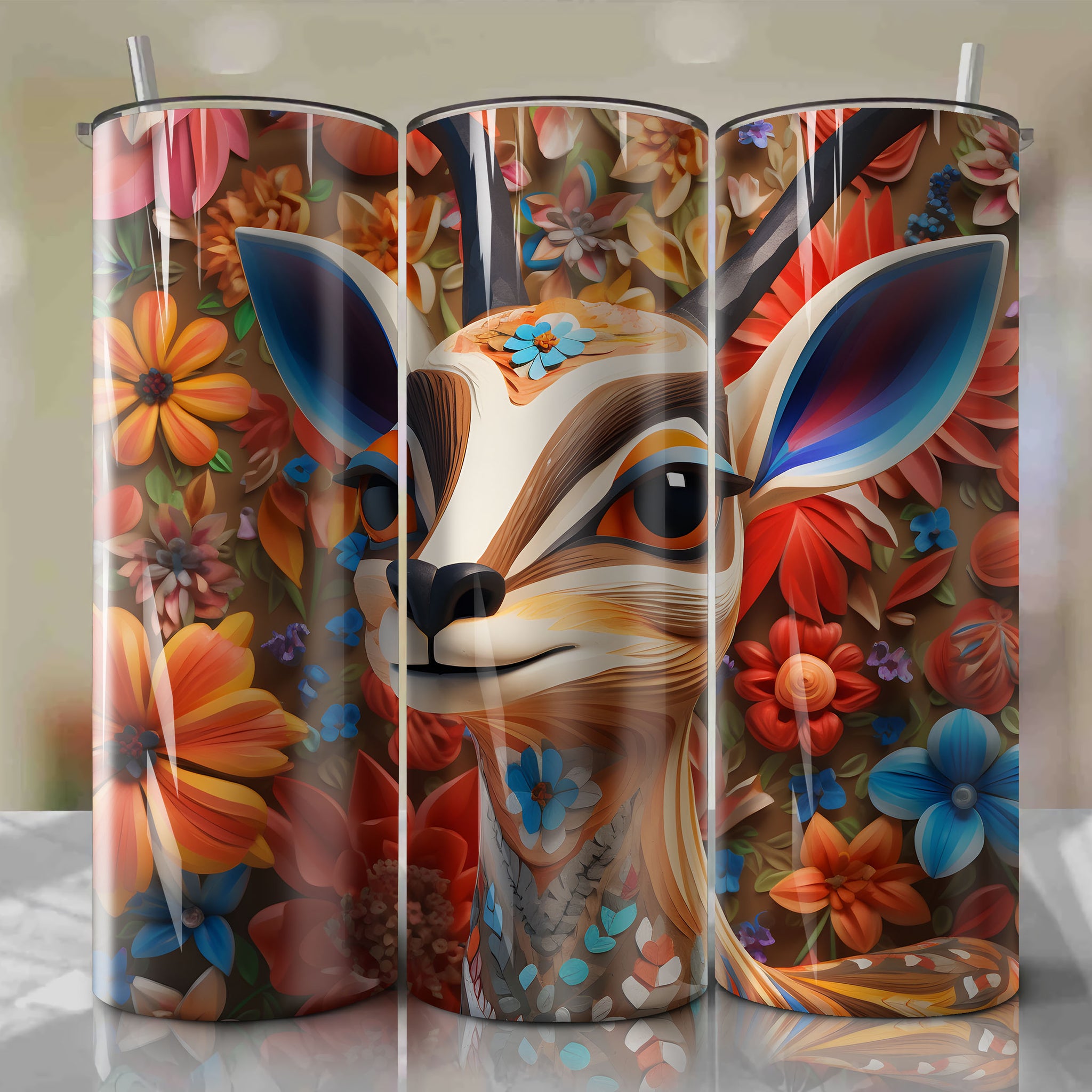 Gazelle 3D Floral Skinny Tumbler 20oz Wrap PNG - Sublimation - Digital Download