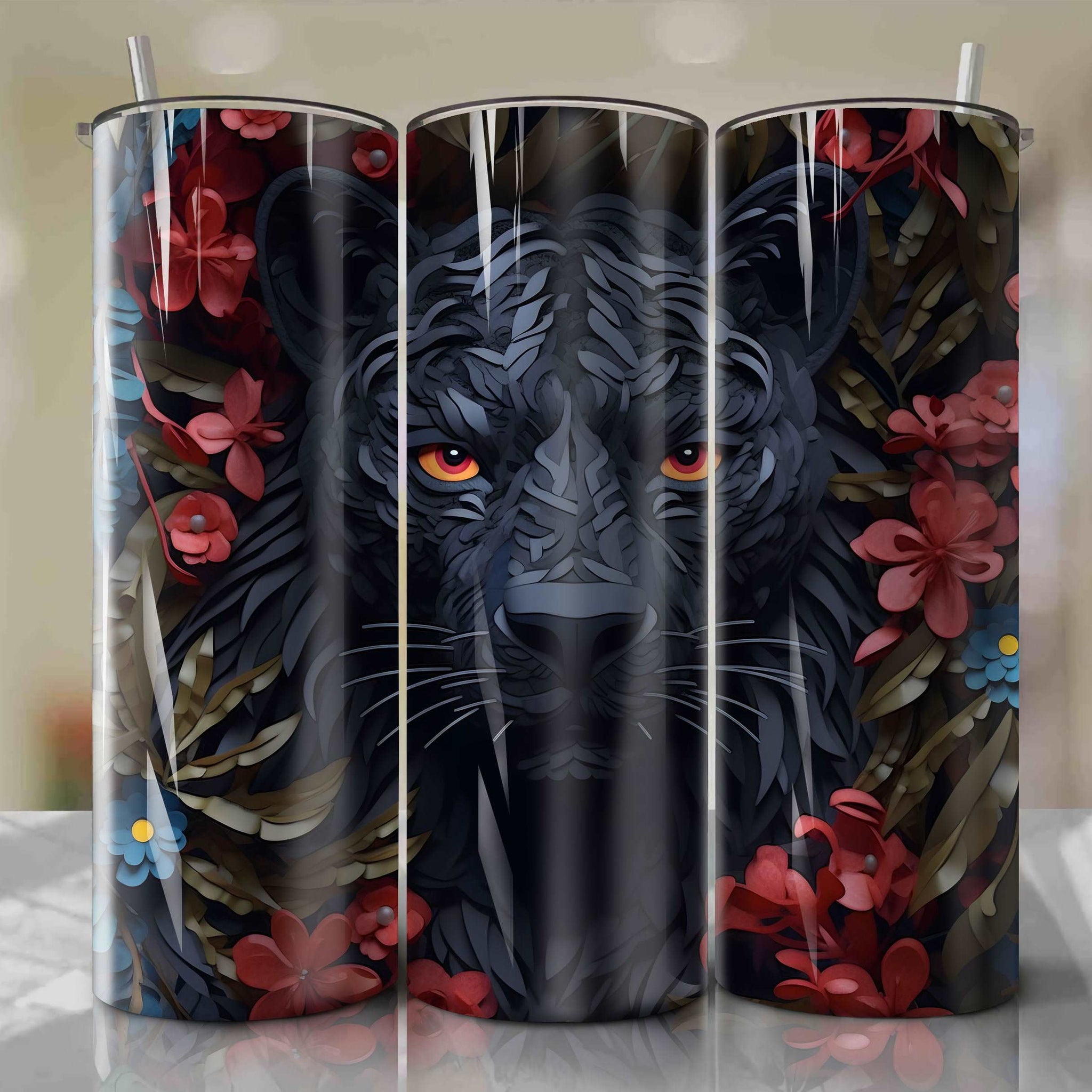 Bagheera 3D Floral Skinny Tumbler 20oz Wrap PNG - Sublimation - Digital Download