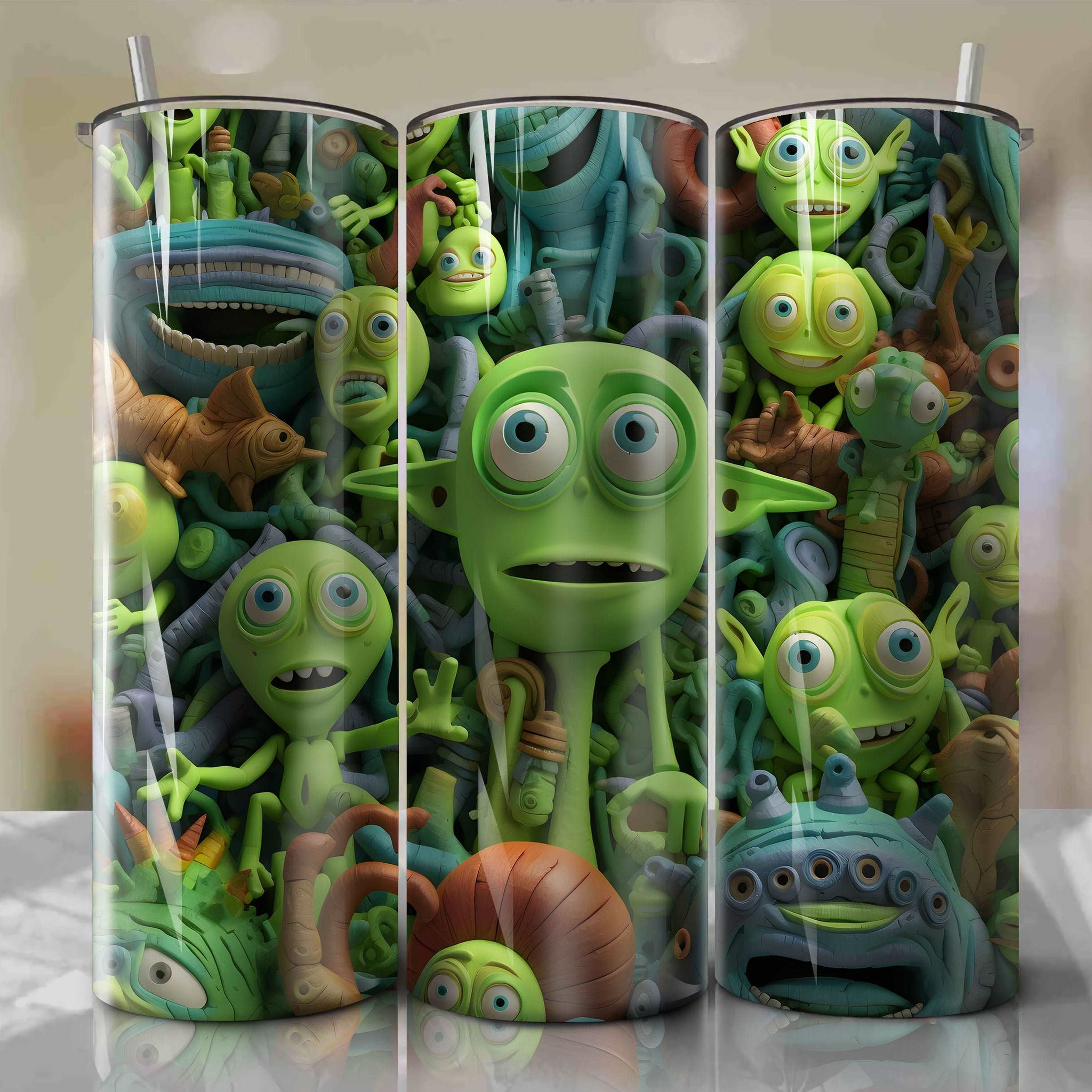 Aliens The Little Green Men 3D Floral Skinny Tumbler 20oz Wrap PNG - Sublimation - Digital Download