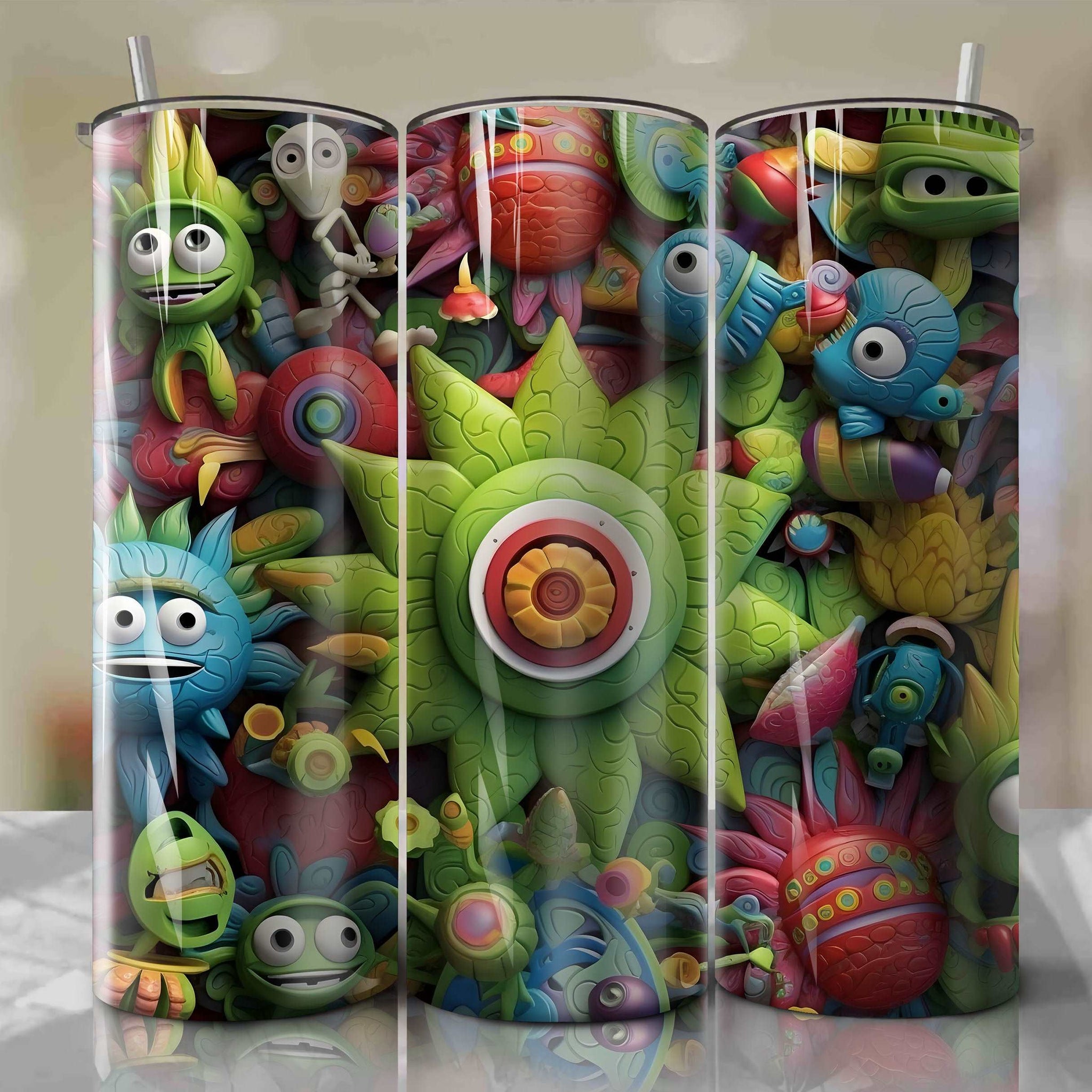 Aliens The Little Green Men 3D Floral Skinny Tumbler 20oz Wrap PNG - Sublimation - Digital Download
