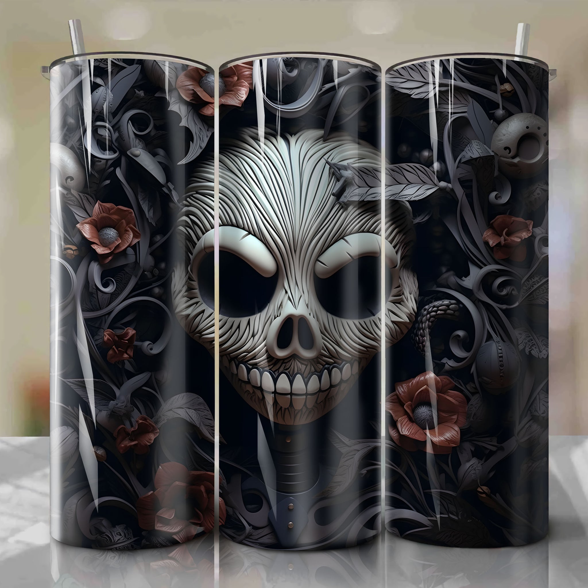 Jack Skellington 3D Floral Skinny Tumbler 20oz Wrap PNG - Sublimation - Digital Download