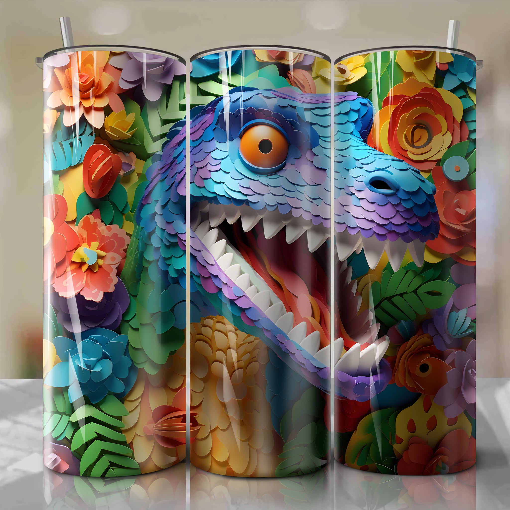 Rex 3D Floral Skinny Tumbler 20oz Wrap PNG - Sublimation - Digital Download