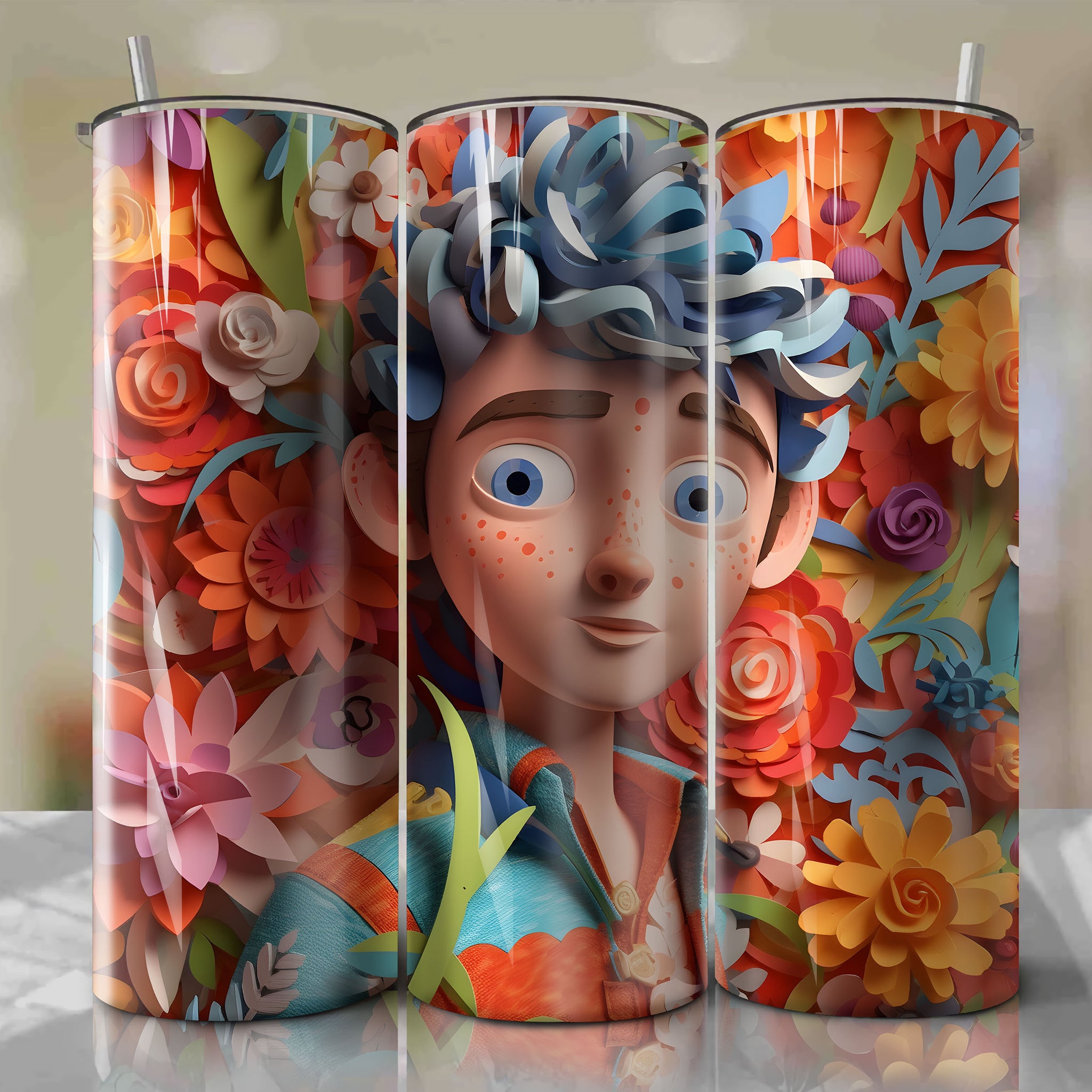 Ken 3D Floral Skinny Tumbler 20oz Wrap PNG - Sublimation - Digital Download