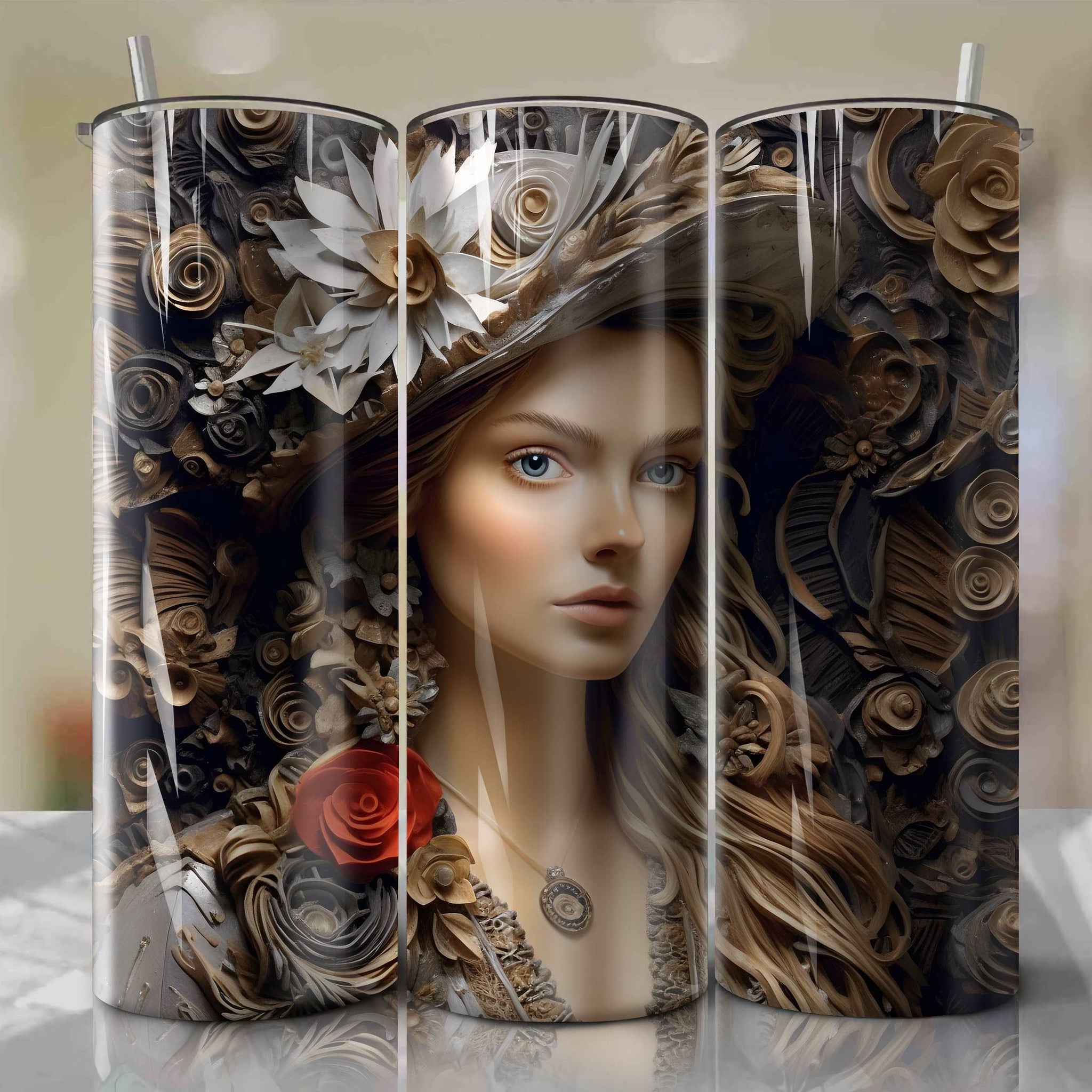 Elizabeth Swann 3D Floral Skinny Tumbler 20oz Wrap PNG - Sublimation - Digital Download