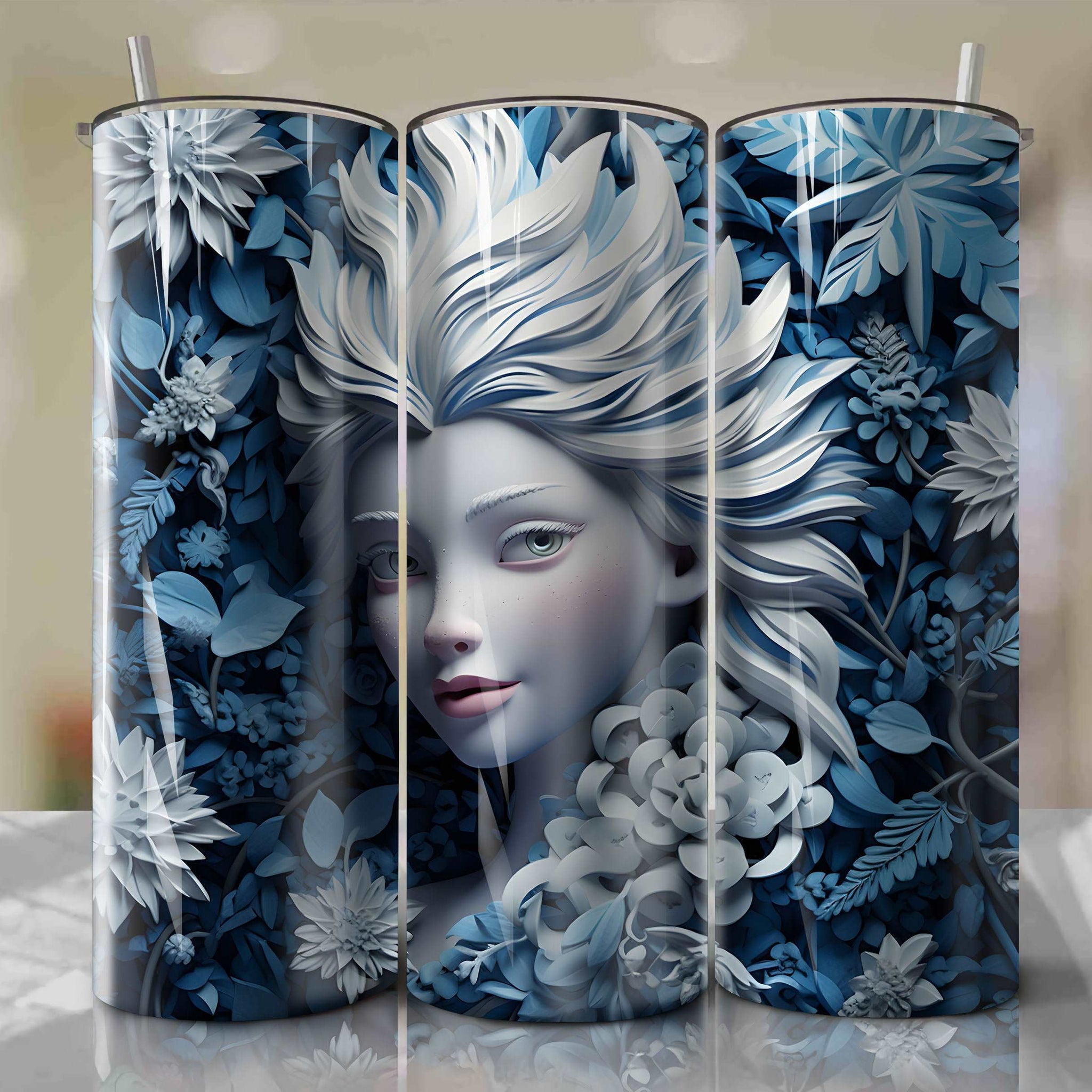 Elsa 3D Floral Skinny Tumbler 20oz Wrap PNG - Sublimation - Digital Download