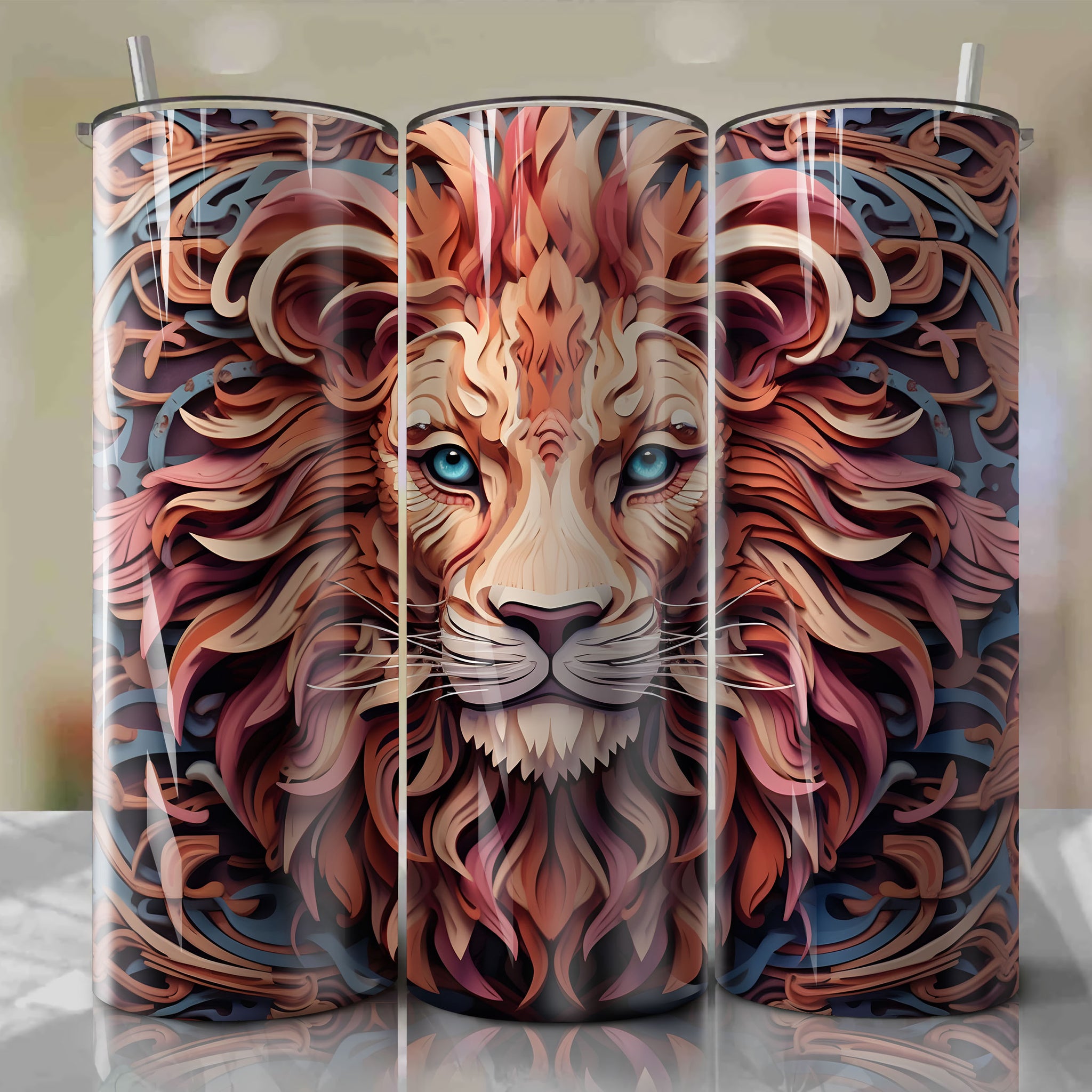 Simba 3D Floral Skinny Tumbler 20oz Wrap PNG - Sublimation - Digital Download