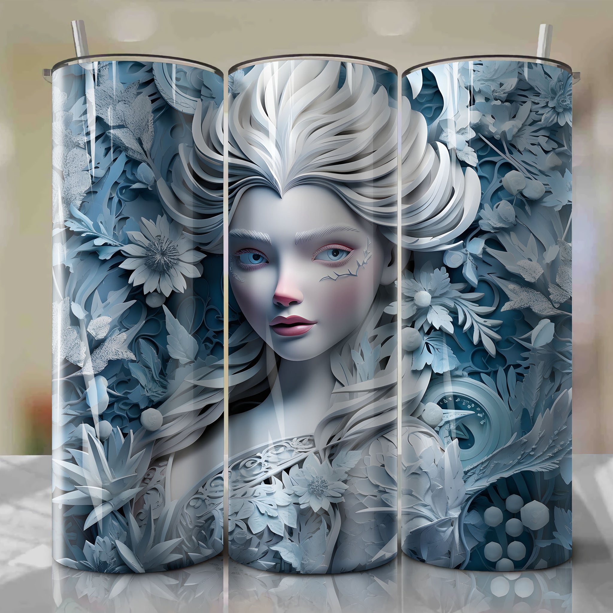 Elsa 3D Floral Skinny Tumbler 20oz Wrap PNG - Sublimation - Digital Download