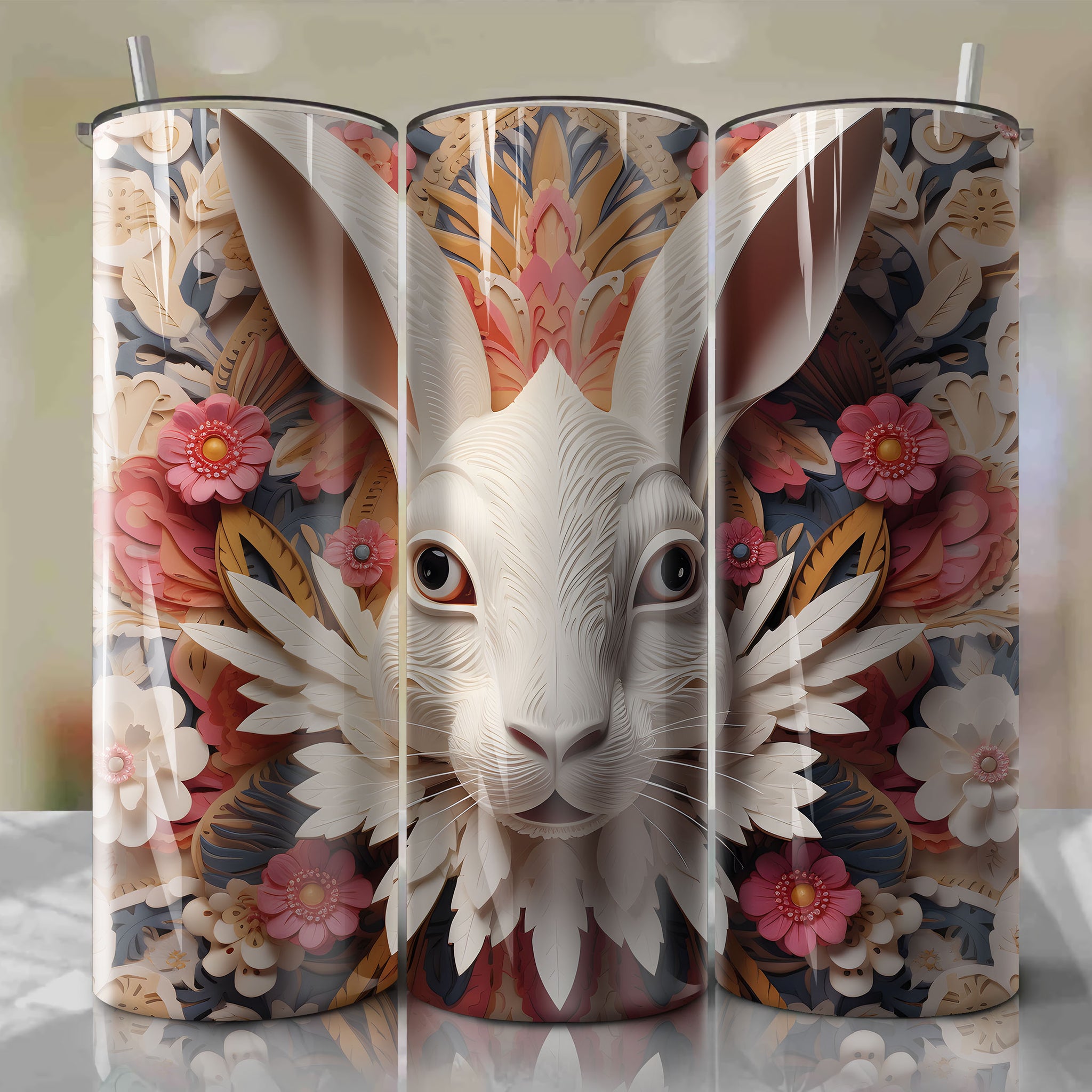 White Rabbit 3D Floral Skinny Tumbler 20oz Wrap PNG - Sublimation - Digital Download