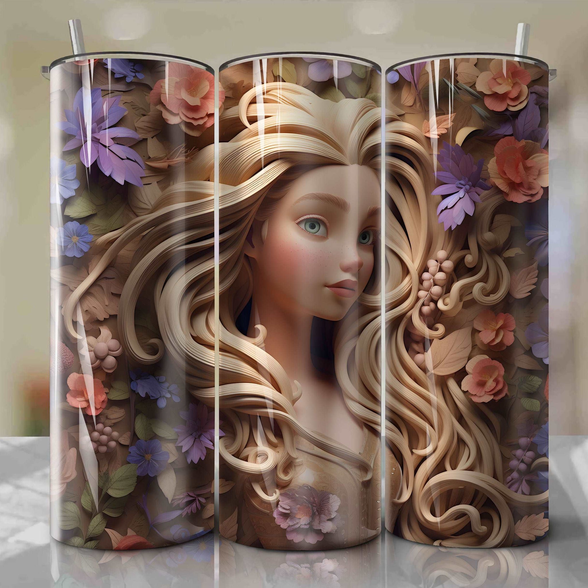 Rapunzel 3D Floral Skinny Tumbler 20oz Wrap PNG - Sublimation - Digital Download