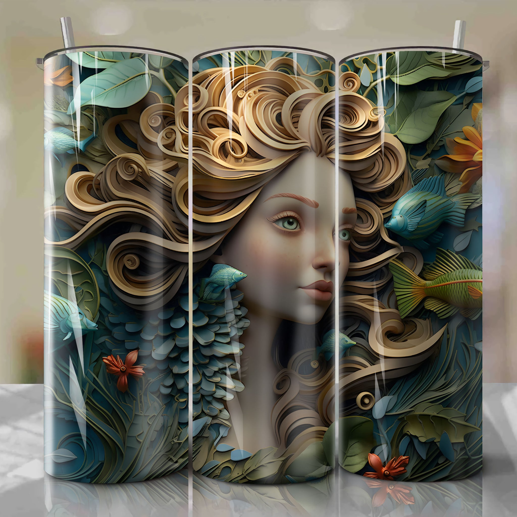 Flounder 3D Floral Skinny Tumbler 20oz Wrap PNG - Sublimation - Digital Download