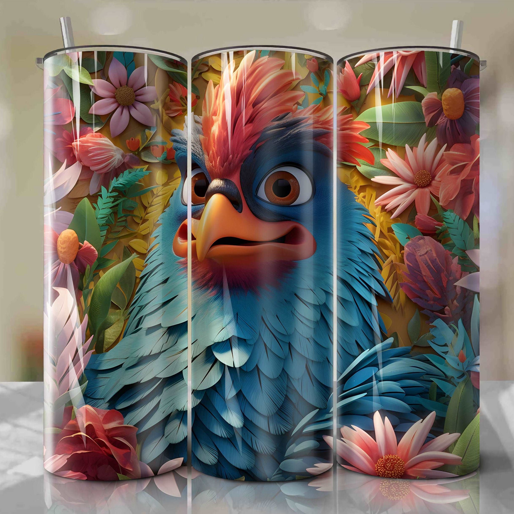 Heihei 3D Floral Skinny Tumbler 20oz Wrap PNG - Sublimation - Digital Download