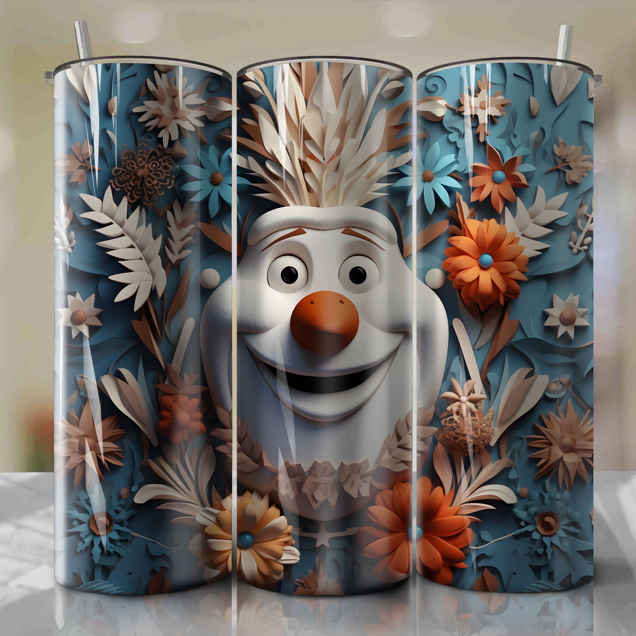 Olaf 3D Floral Skinny Tumbler 20oz Wrap PNG - Sublimation - Digital Download