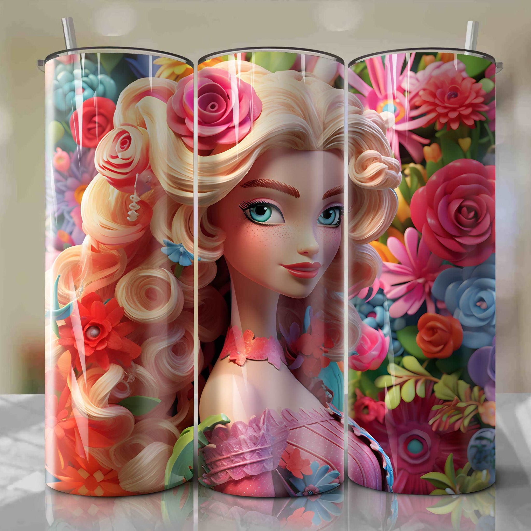 Barbie 3D Floral Skinny Tumbler 20oz Wrap PNG - Sublimation - Digital Download
