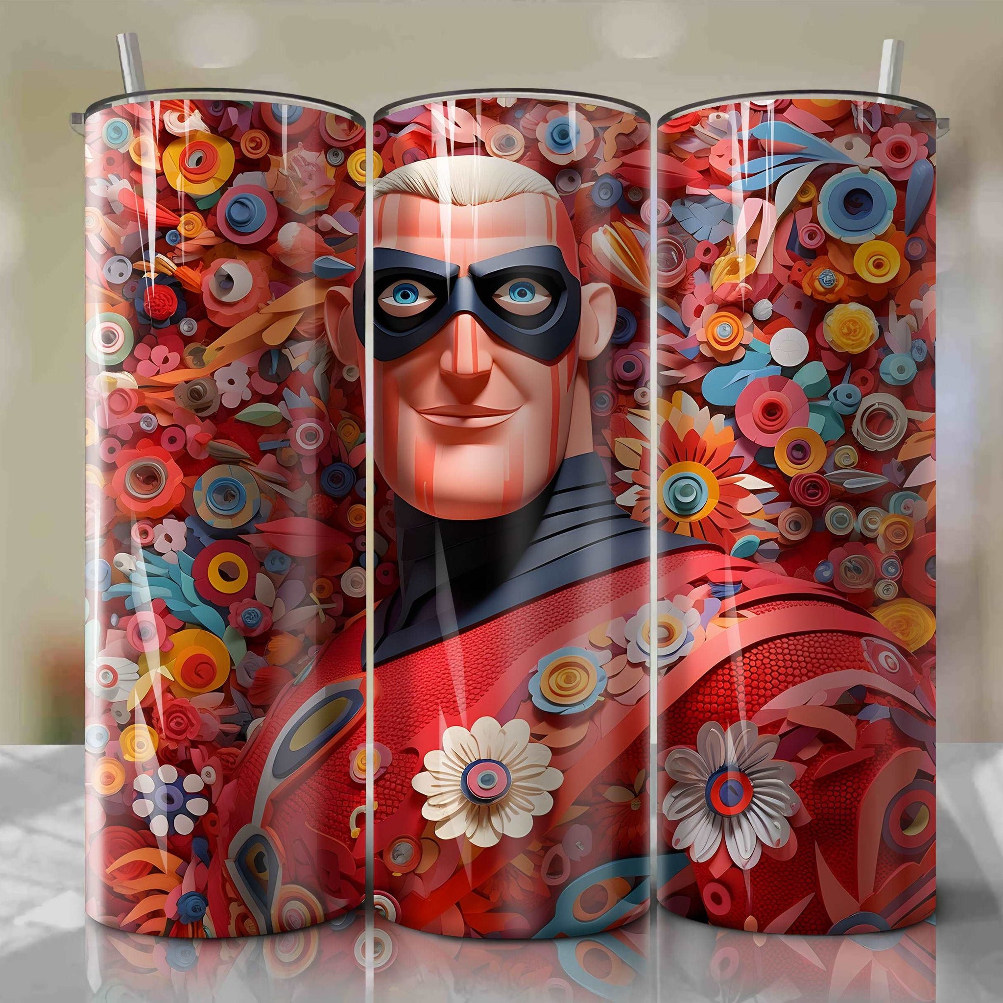 Mr. Incredible 3D Floral Skinny Tumbler 20oz Wrap PNG - Sublimation - Digital Download