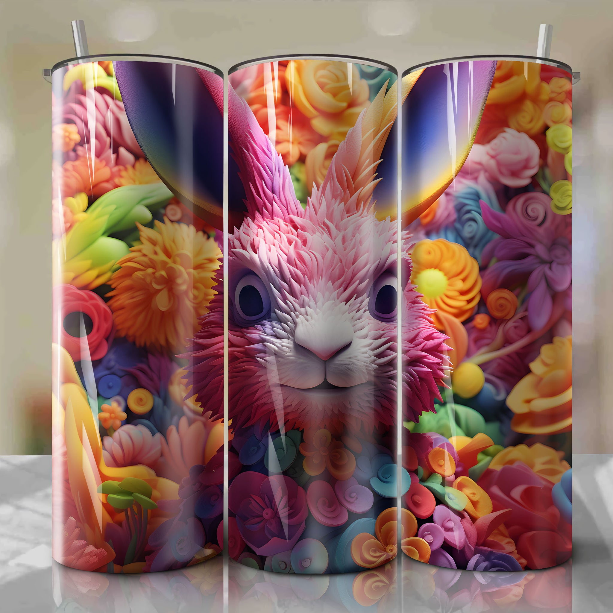 Bunny 3D Floral Skinny Tumbler 20oz Wrap PNG - Sublimation - Digital Download