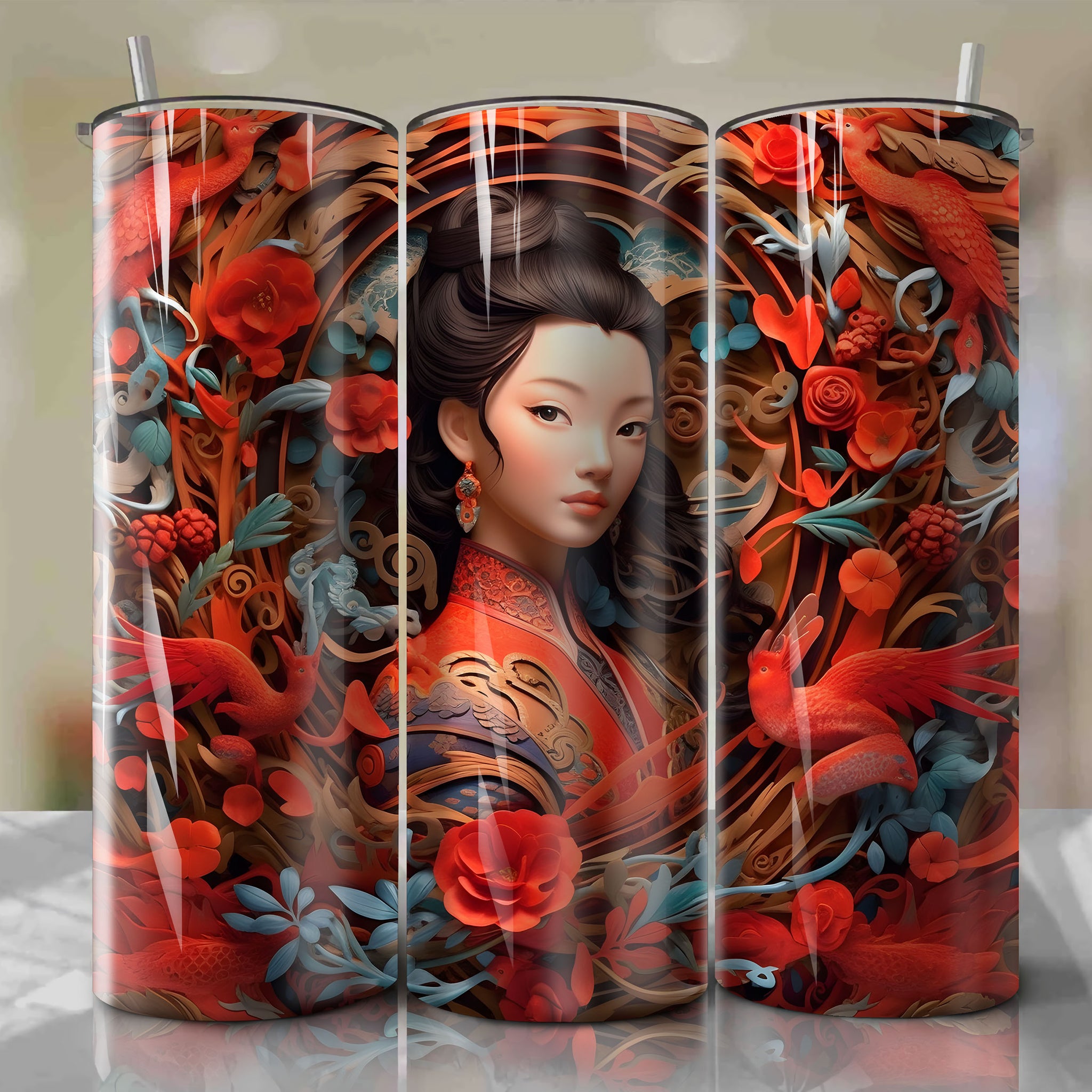Fa Mulan Ping 3D Floral Skinny Tumbler 20oz Wrap PNG - Sublimation - Digital Download