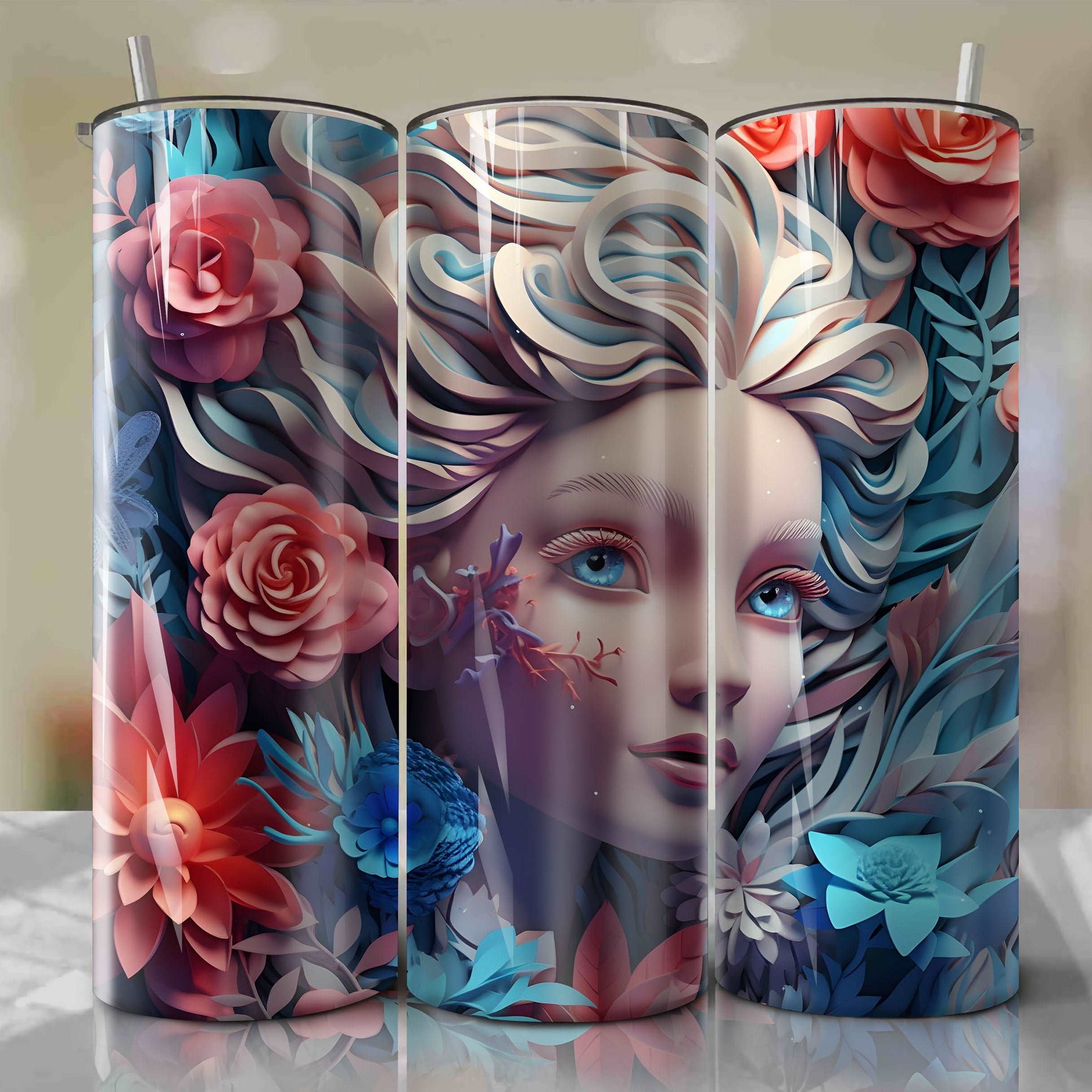 Elsa 3D Floral Skinny Tumbler 20oz Wrap PNG - Sublimation - Digital Download