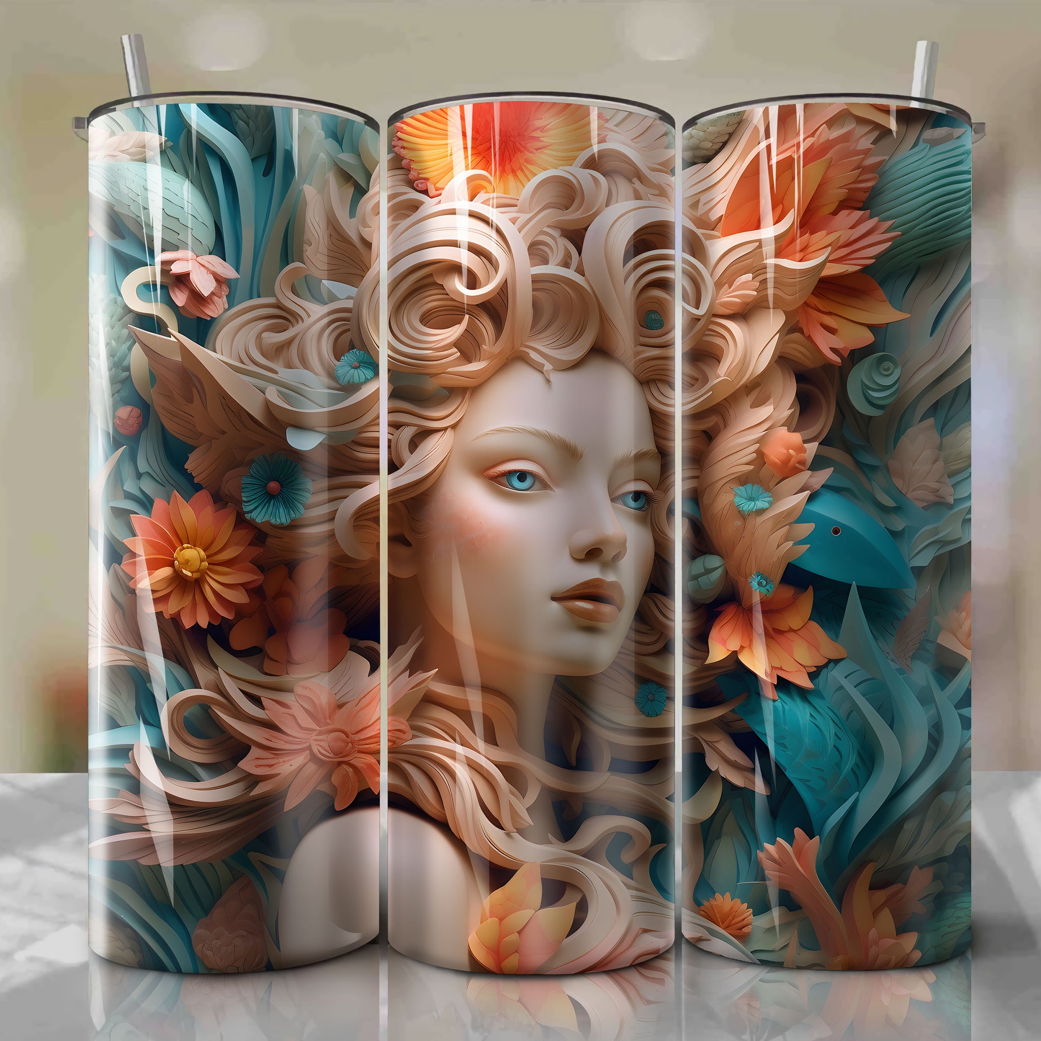 Carlotta 3D Floral Skinny Tumbler 20oz Wrap PNG - Sublimation - Digital Download