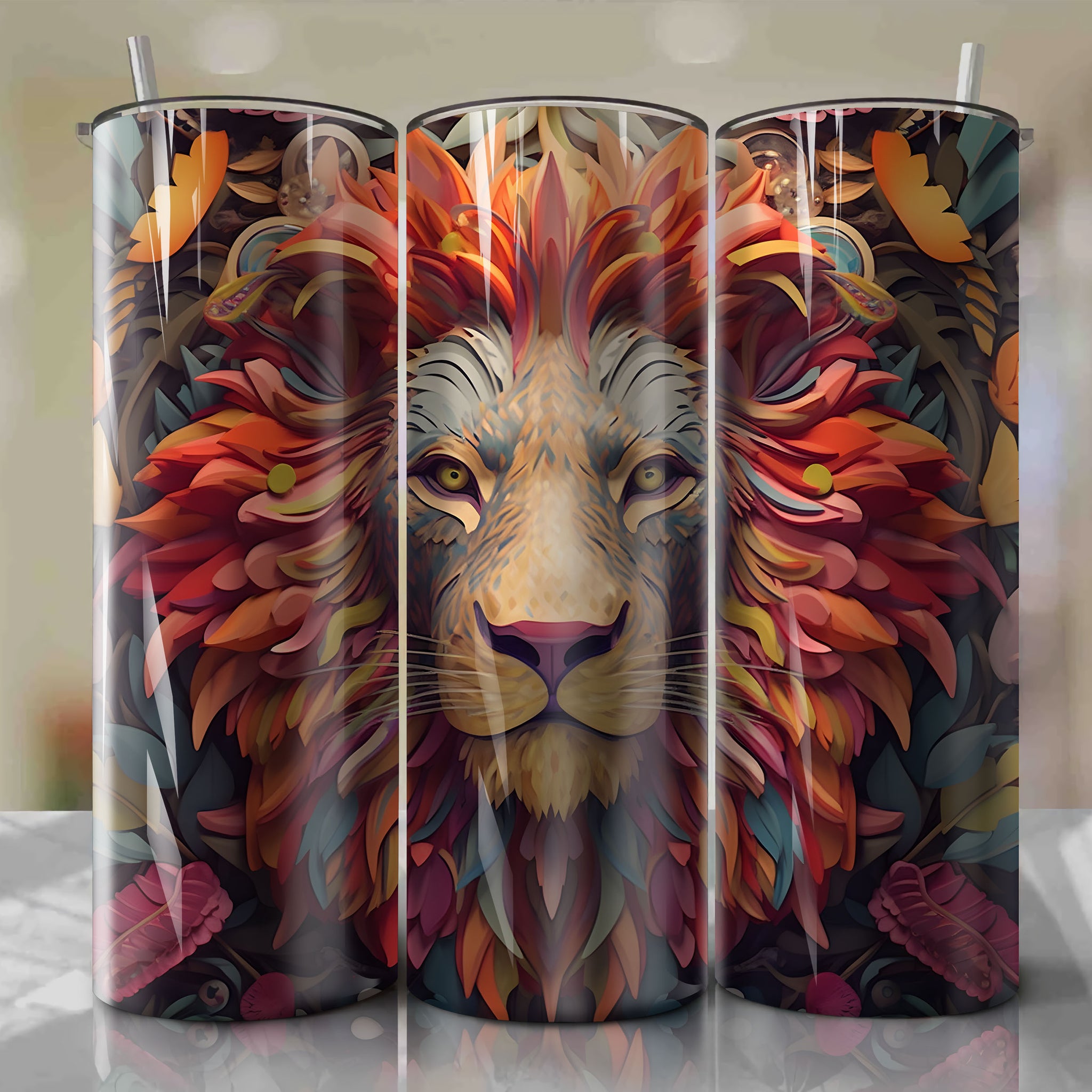 Simba 3D Floral Skinny Tumbler 20oz Wrap PNG - Sublimation - Digital Download