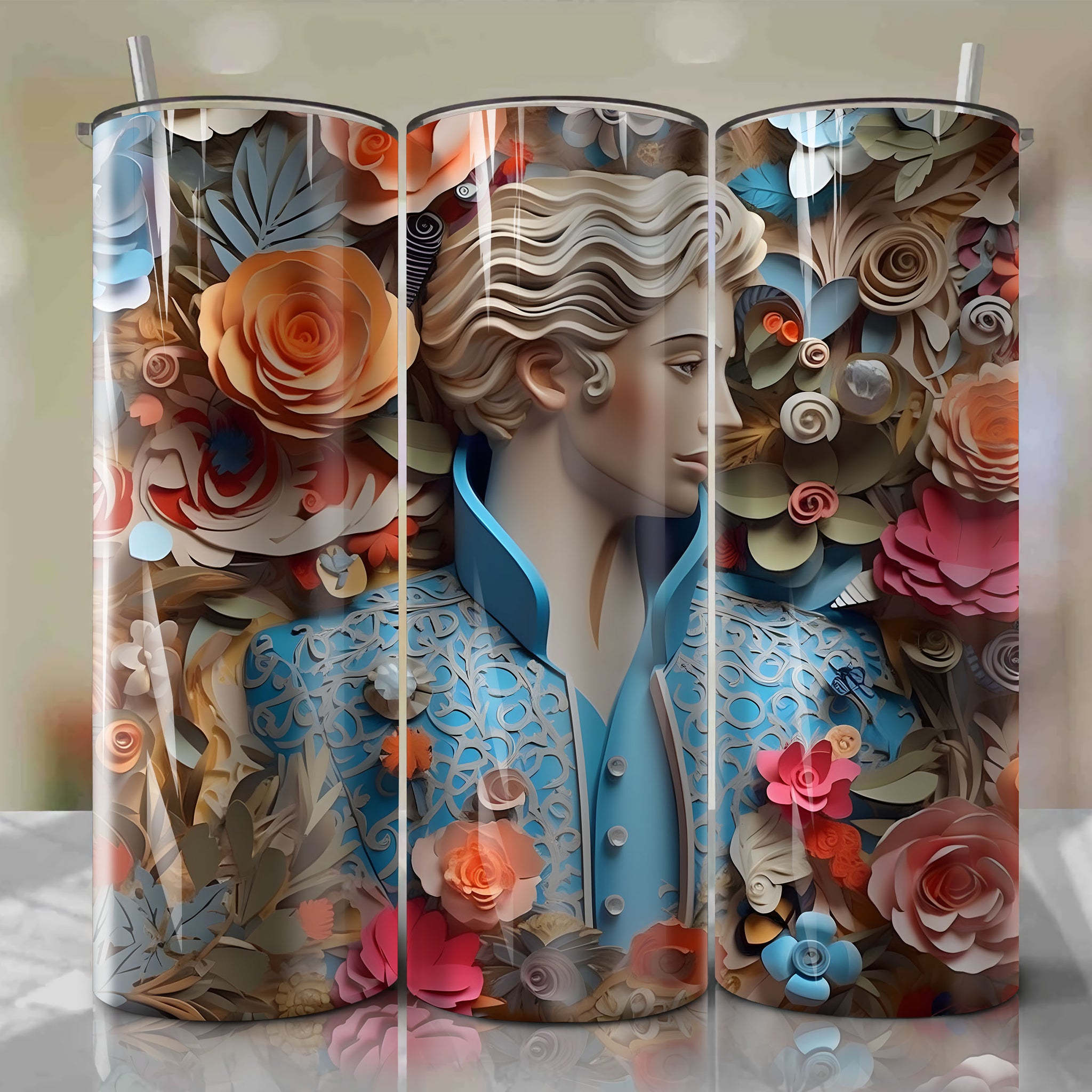 Prince Charming 3D Floral Skinny Tumbler 20oz Wrap PNG - Sublimation - Digital Download