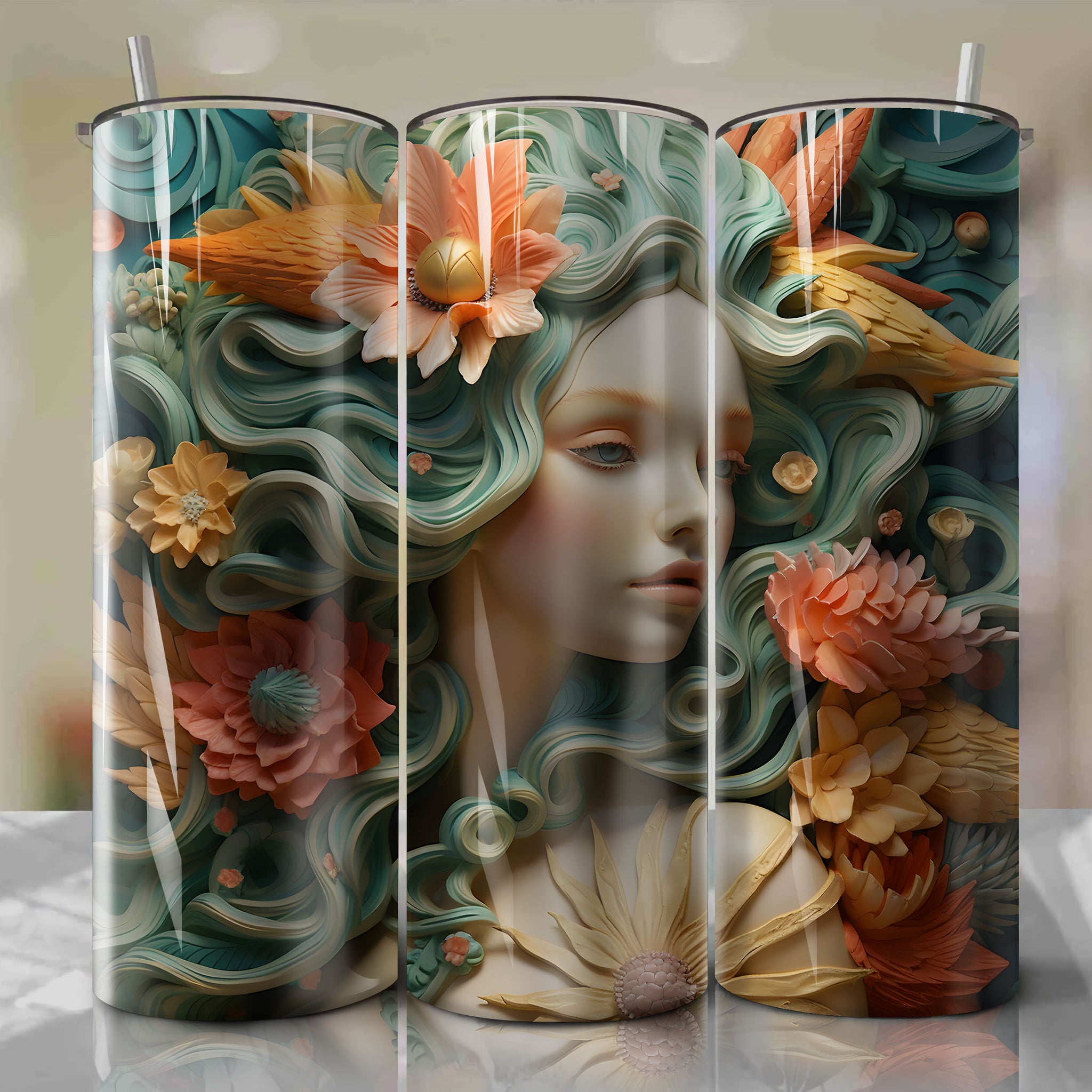 Scuttle 3D Floral Skinny Tumbler 20oz Wrap PNG - Sublimation - Digital Download