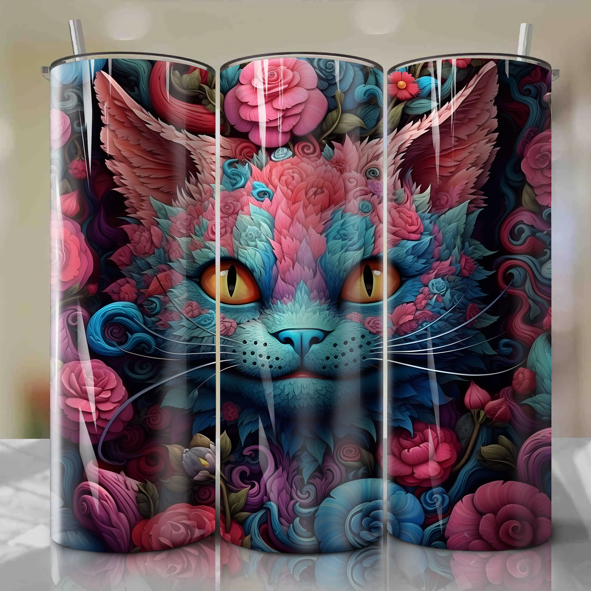 Cheshire Cat 3D Floral Skinny Tumbler 20oz Wrap PNG - Sublimation - Digital Download