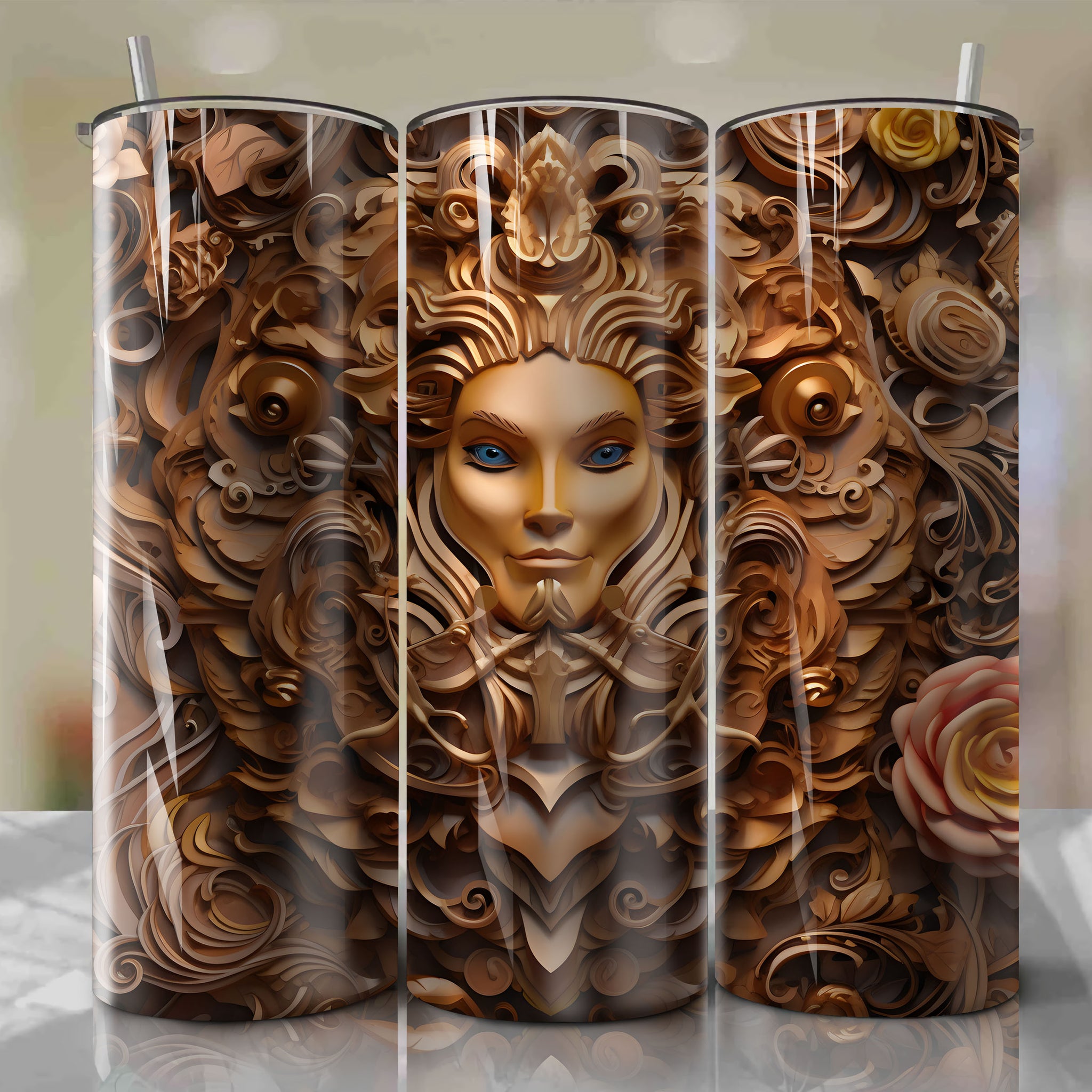 Cogsworth 3D Floral Skinny Tumbler 20oz Wrap PNG - Sublimation - Digital Download