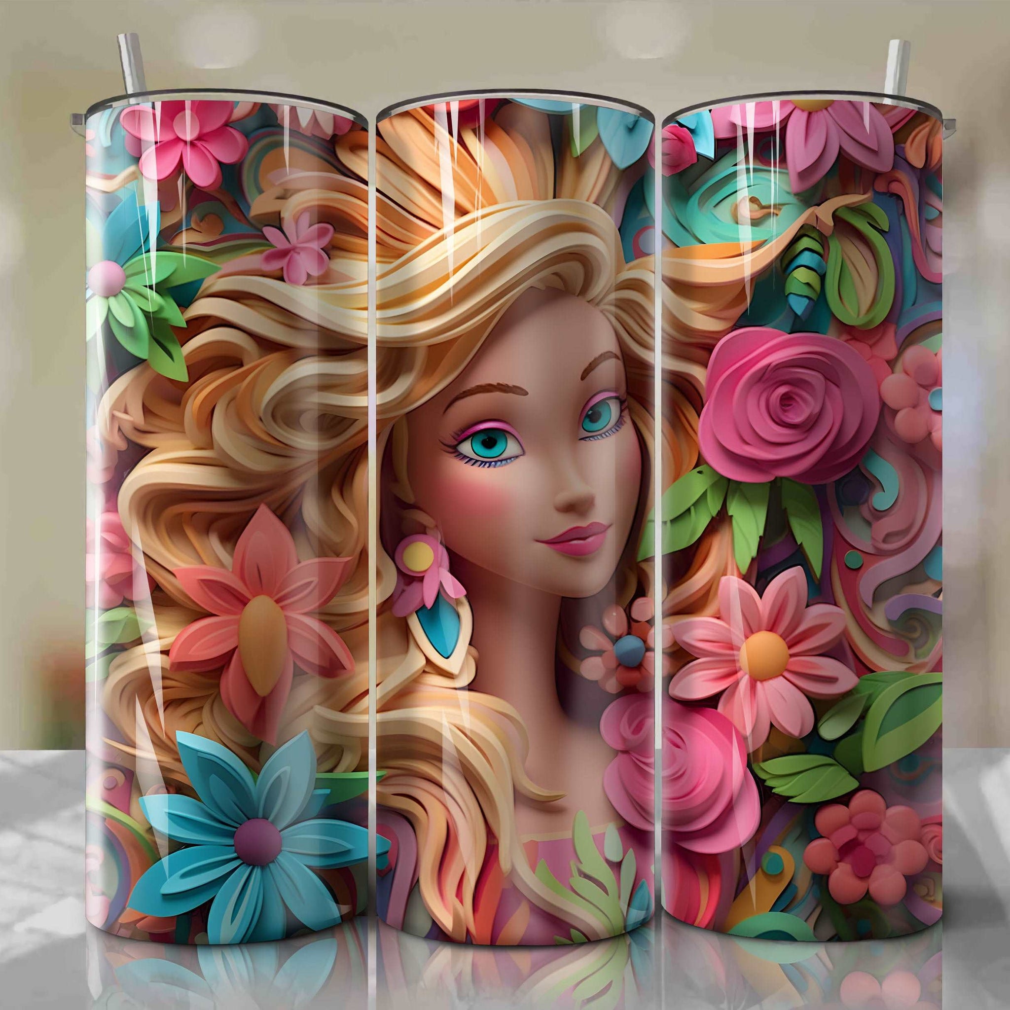 Barbie 3D Floral Skinny Tumbler 20oz Wrap PNG - Sublimation - Digital Download