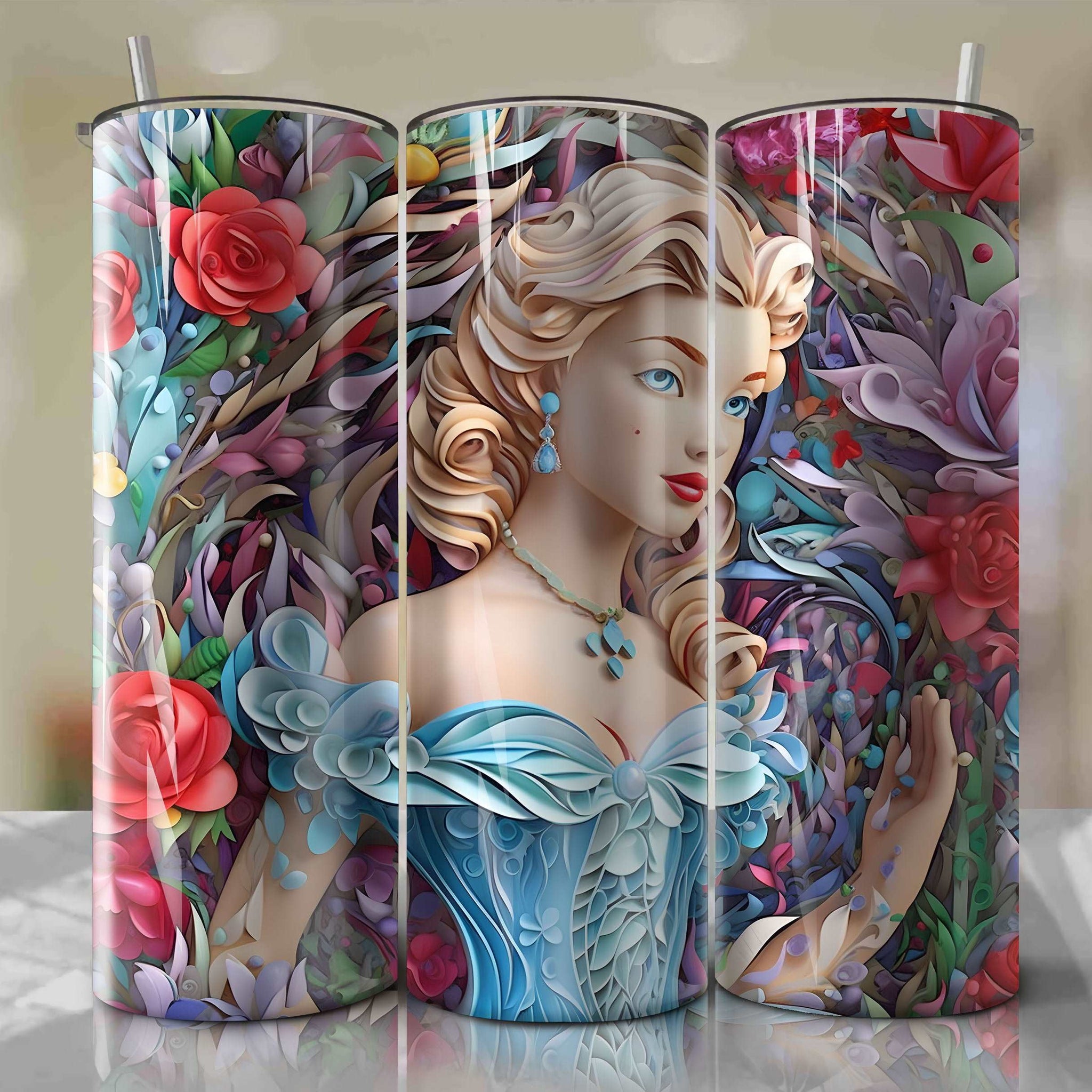 Cinderella 3D Floral Skinny Tumbler 20oz Wrap PNG - Sublimation - Digital Download