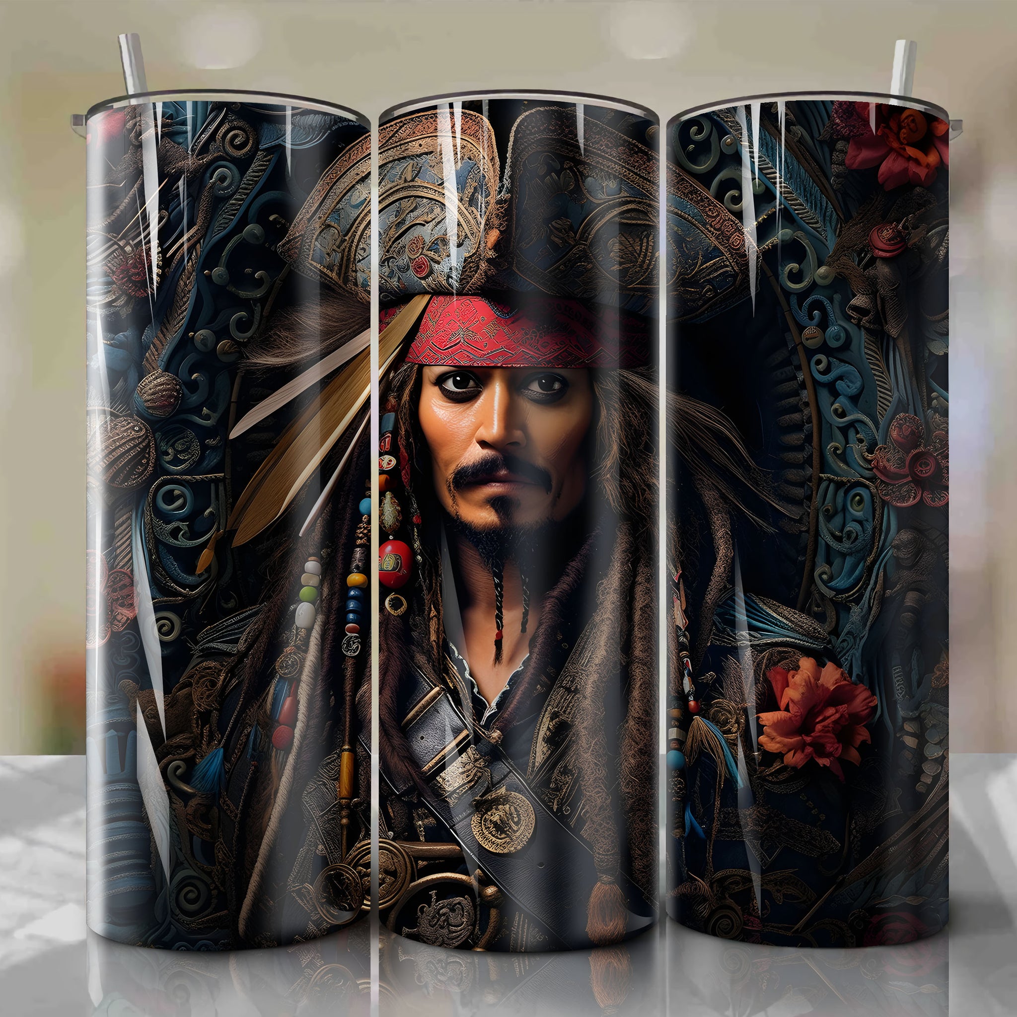 Captain Jack Sparrow 3D Floral Skinny Tumbler 20oz Wrap PNG - Sublimation - Digital Download