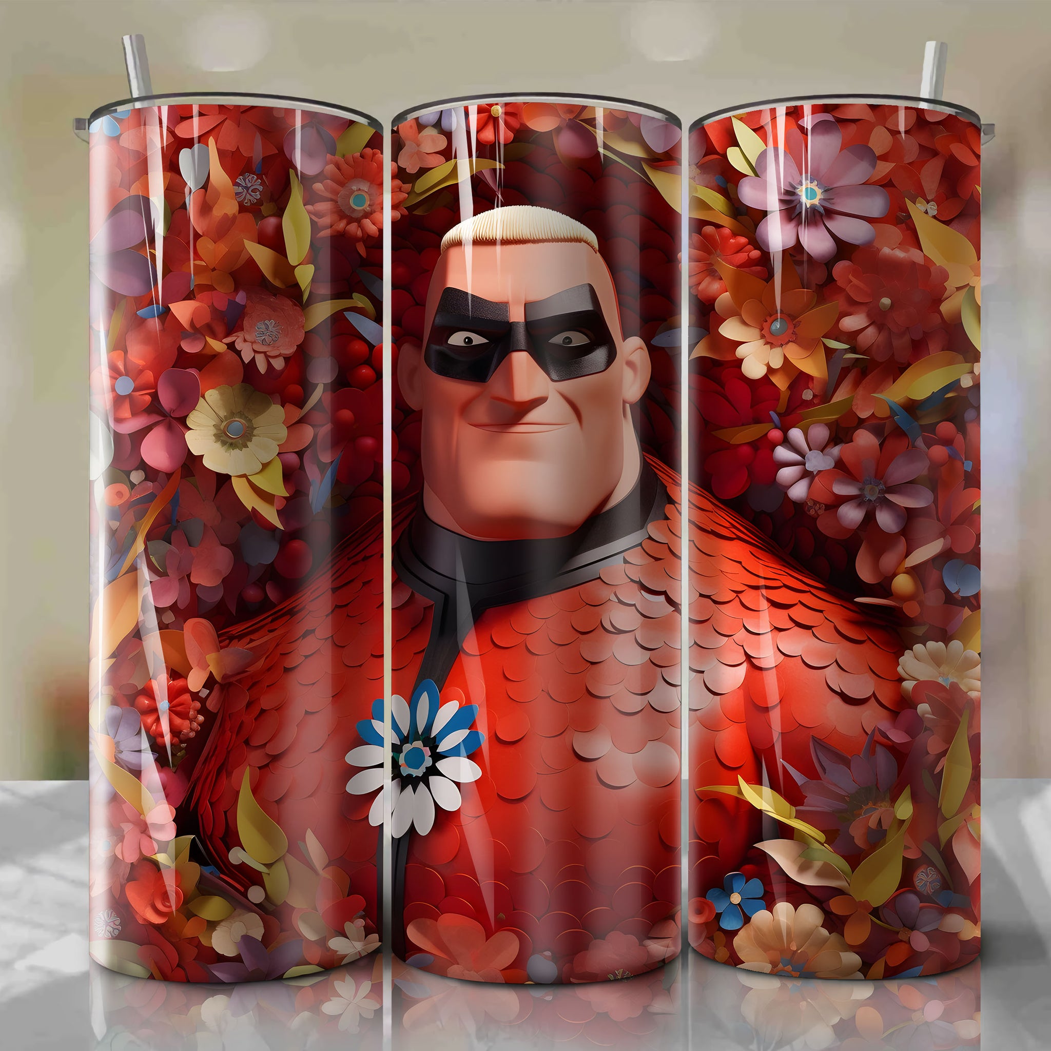 Mr. Incredible 3D Floral Skinny Tumbler 20oz Wrap PNG - Sublimation - Digital Download