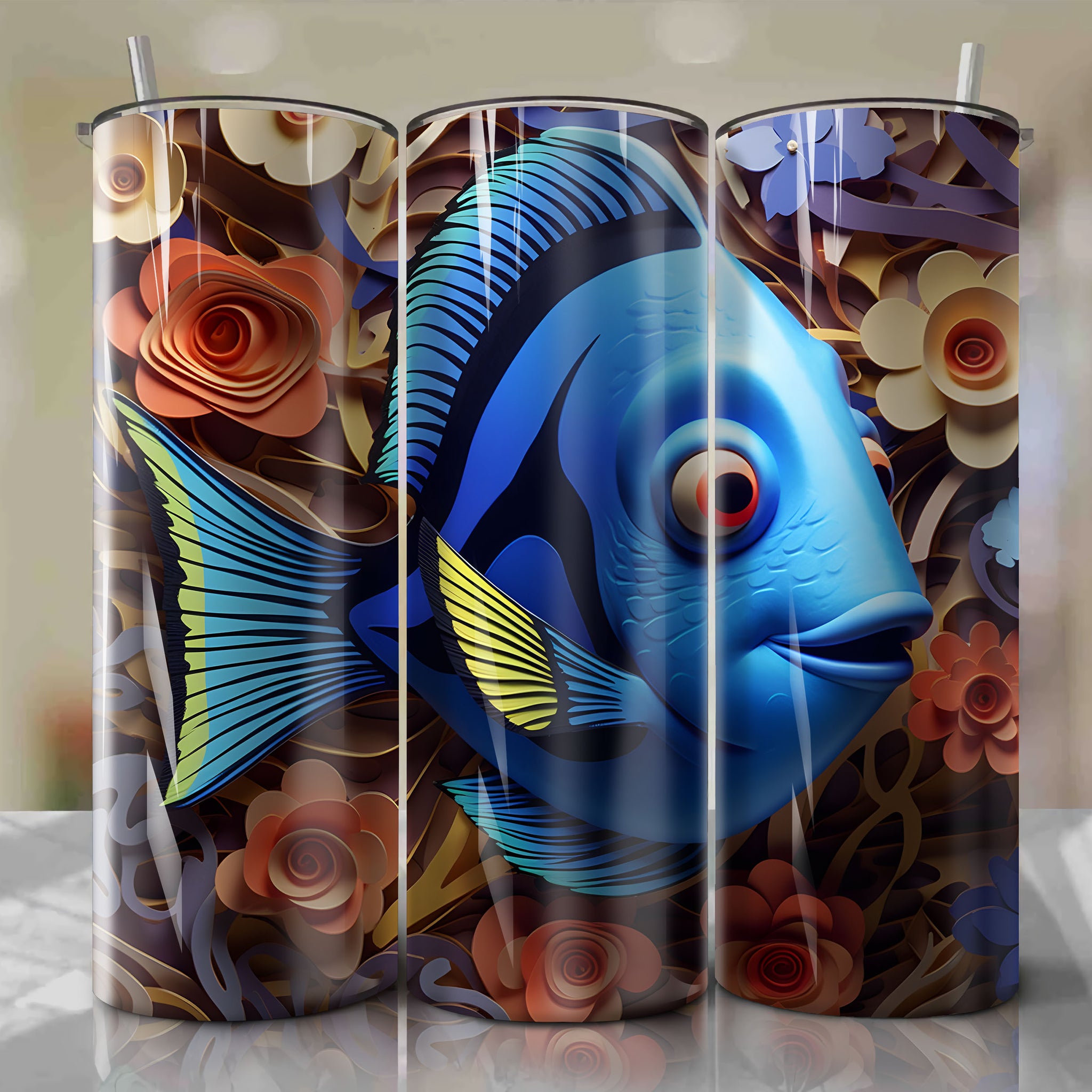 Dory 3D Floral Skinny Tumbler 20oz Wrap PNG - Sublimation - Digital Download