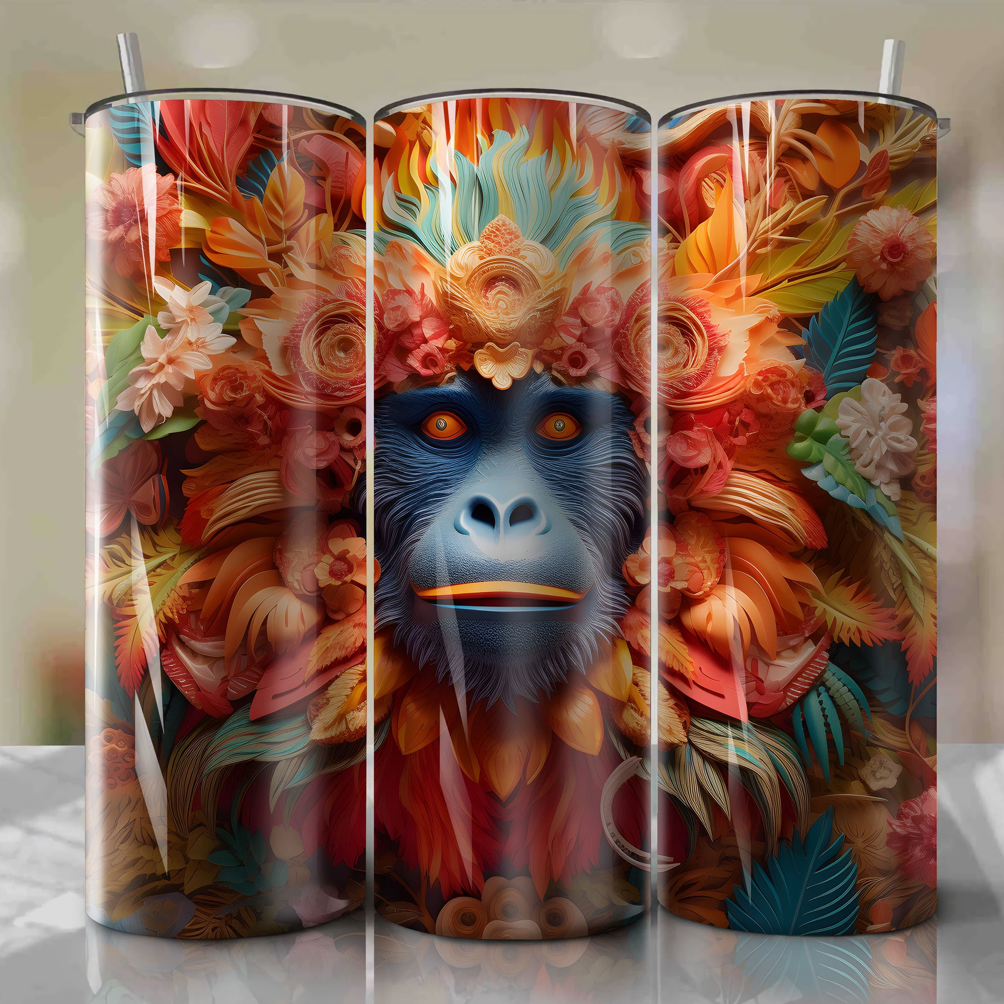 King Louie 3D Floral Skinny Tumbler 20oz Wrap PNG - Sublimation - Digital Download