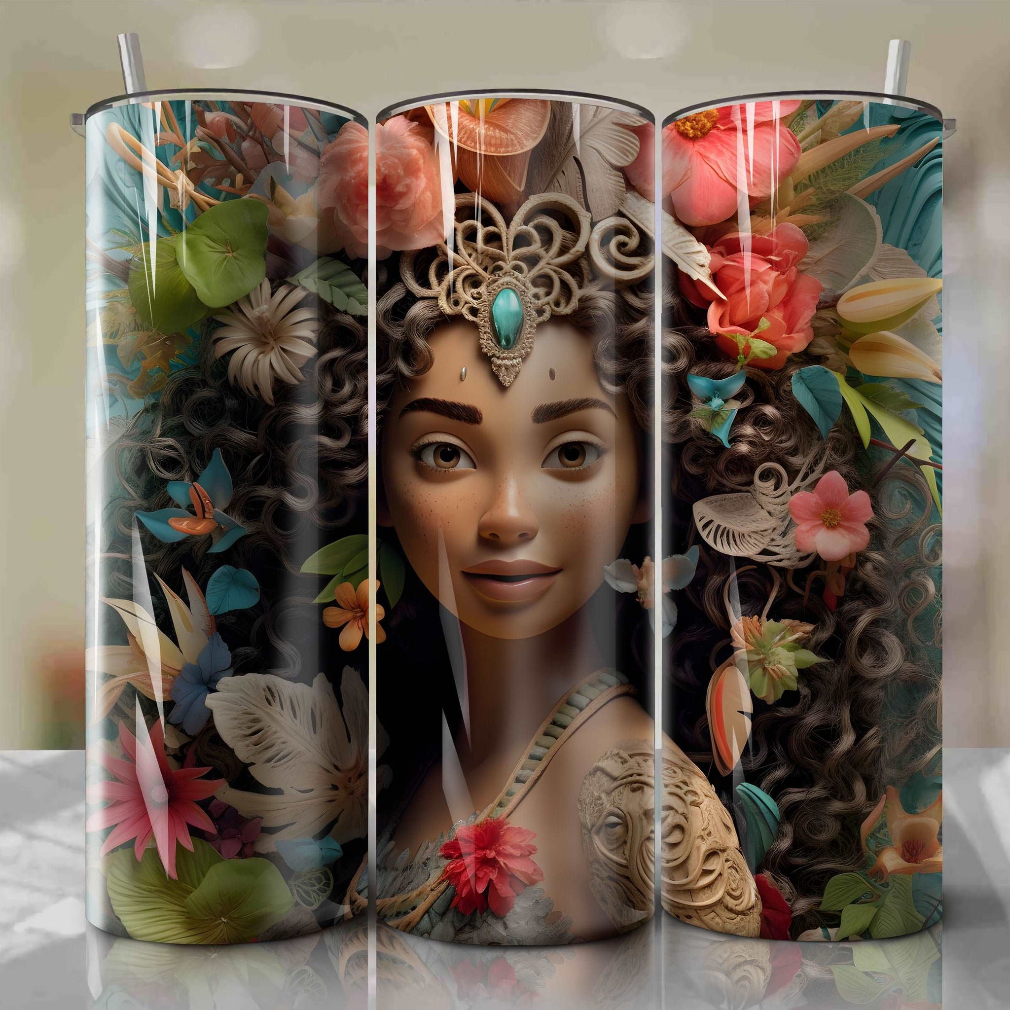 Moana 3D Floral Skinny Tumbler 20oz Wrap PNG - Sublimation - Digital Download