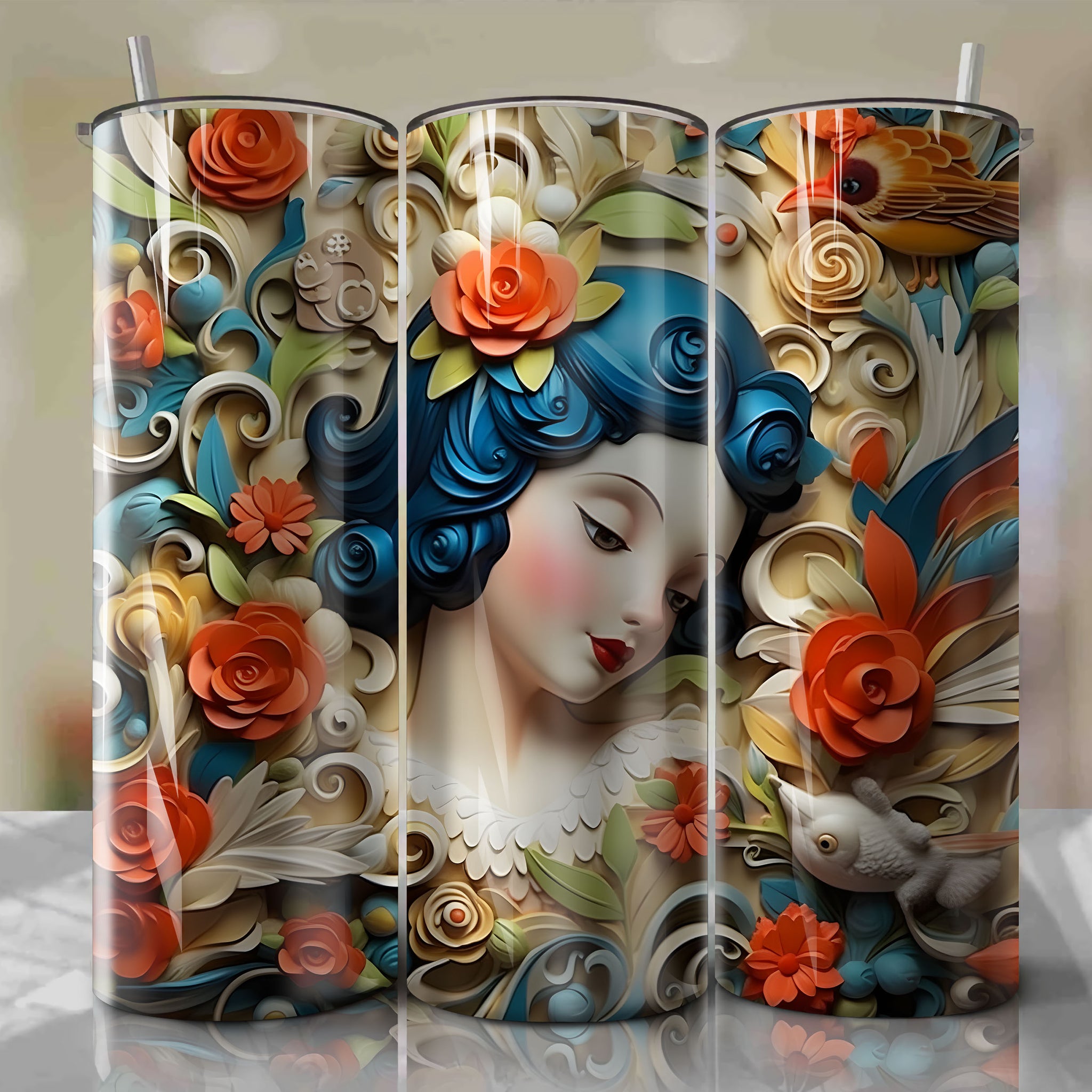 Happy 3D Floral Skinny Tumbler 20oz Wrap PNG - Sublimation - Digital Download