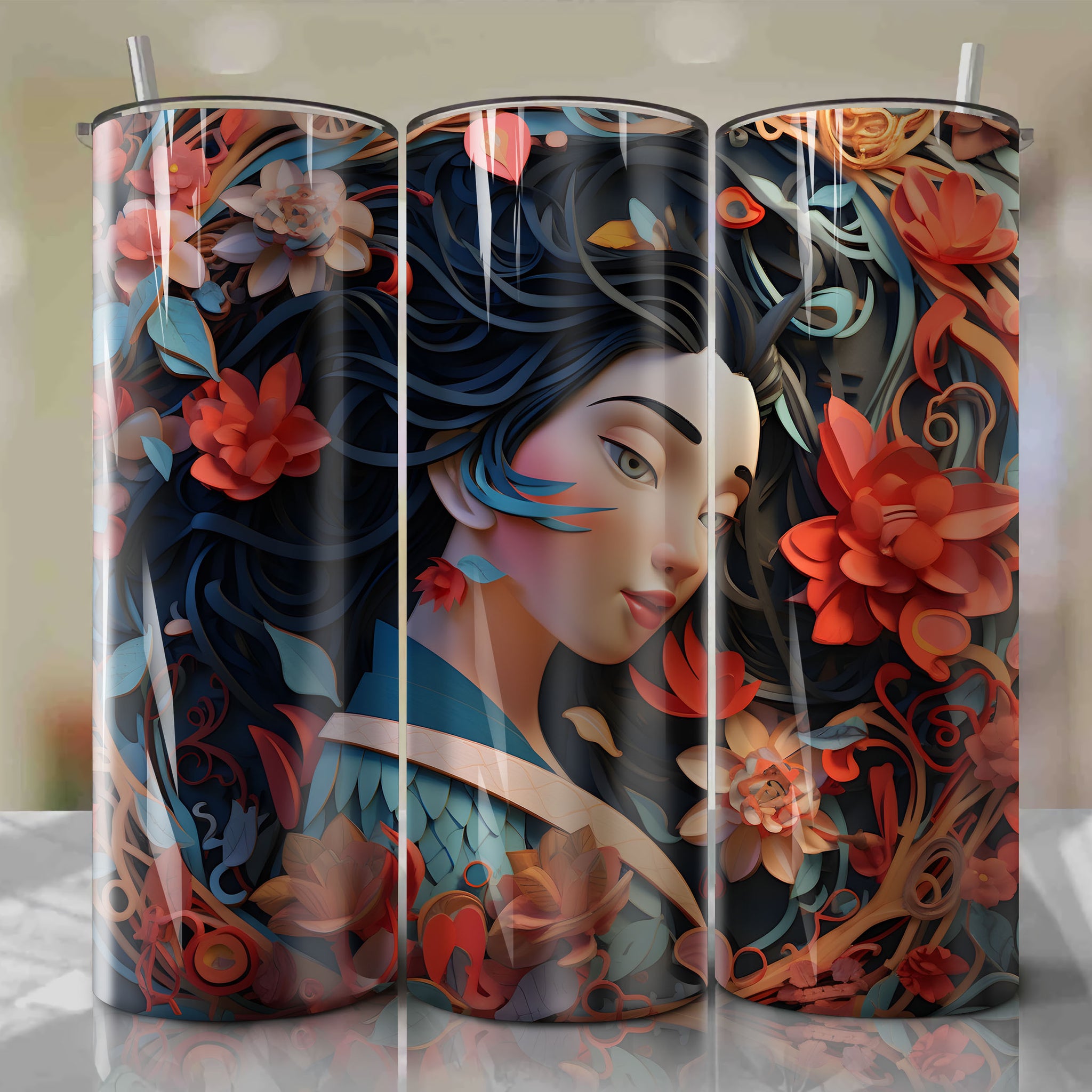 Mulan 3D Floral Skinny Tumbler 20oz Wrap PNG - Sublimation - Digital Download